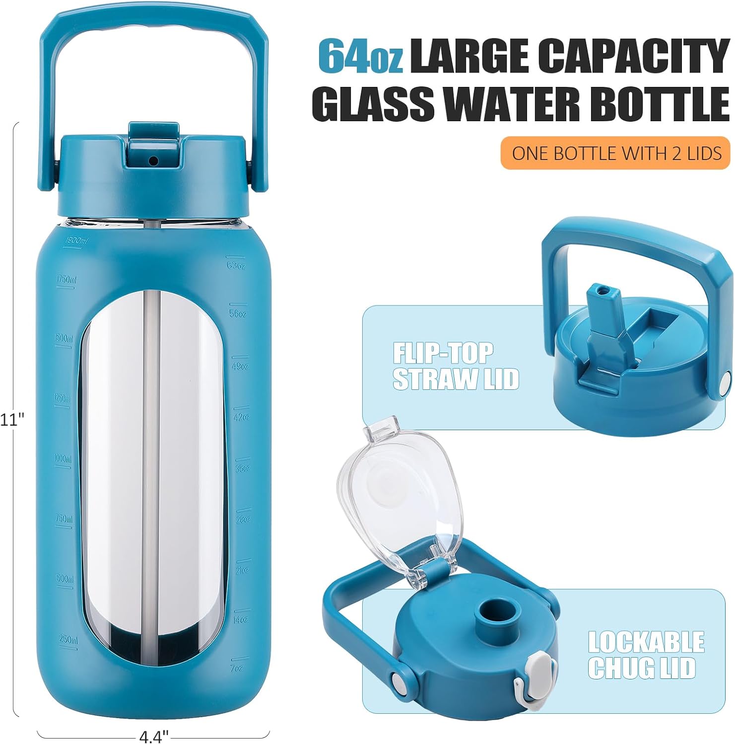 Detalle 2 de BLUEGO 2-Liter Glasflasche mit 2 Deckeln, Zeitmarkierungen und Strohhalm – auslaufsicher