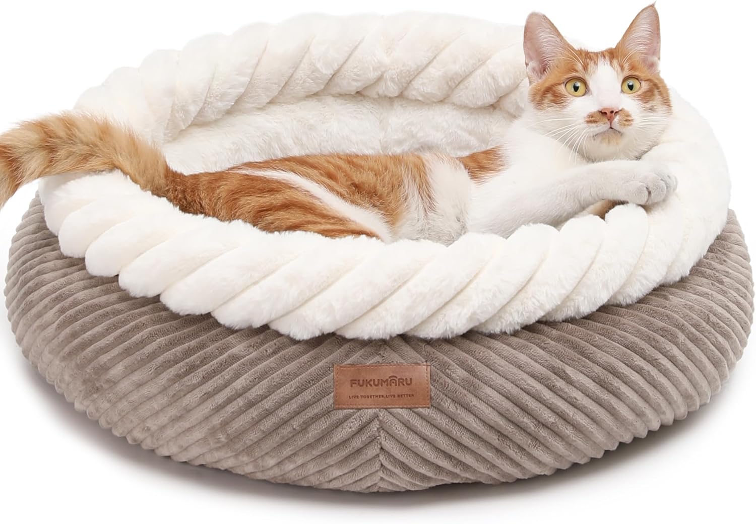 Detalle de FUKUMARU 53 cm Round Donut Cat Bed in Camel — Soft, Washable, Orthopaedic Support