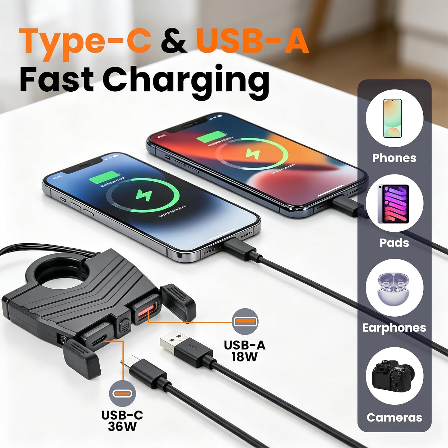 Thumbnail 1 de Chargeur USB moto RUIZHI 12V 48W — PD USB-C et QC USB-A, IP65, kit SAE