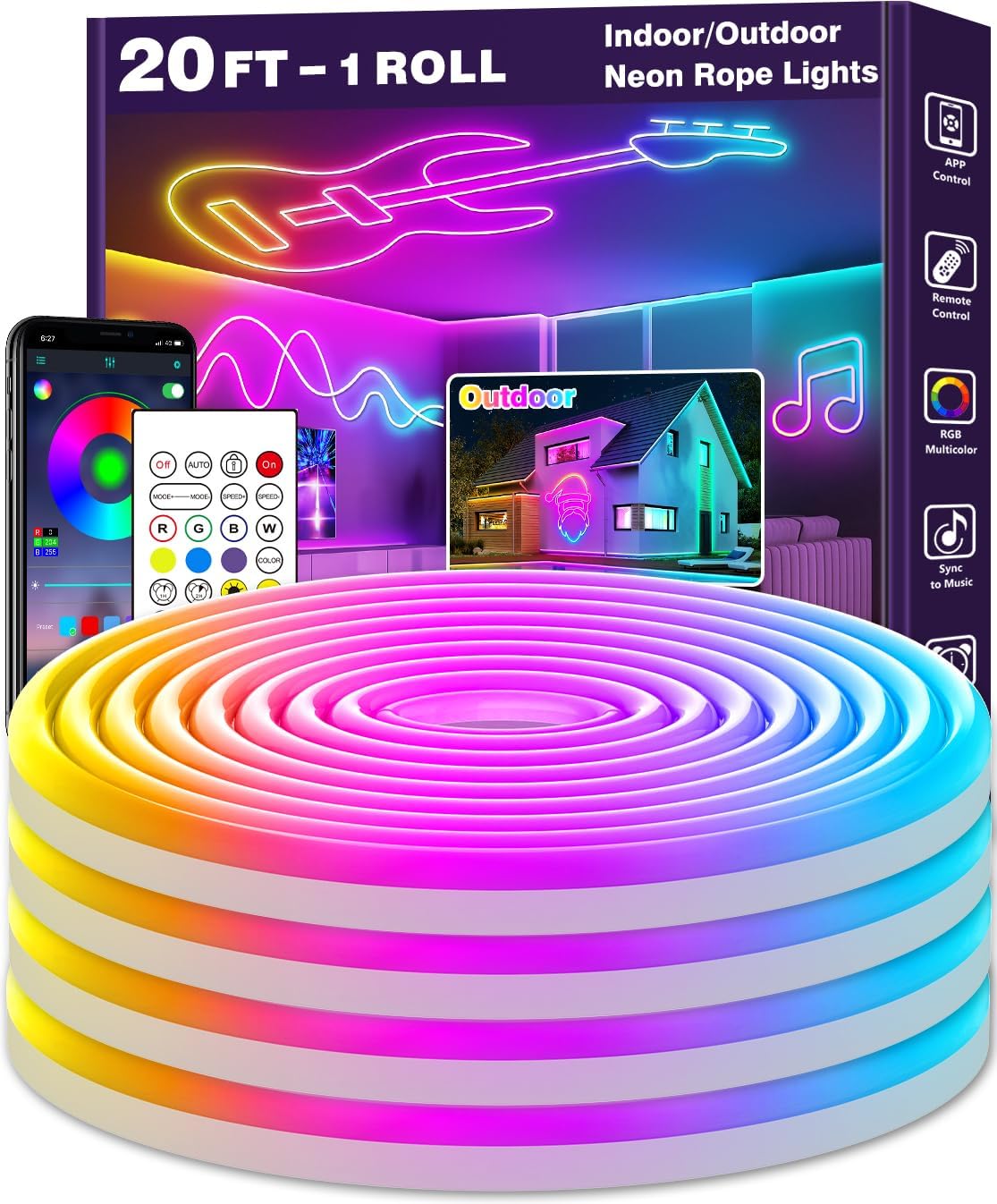 Detalle de AILBTON string light 20 ft RGB LED Neon Rope Lights with App and Remote