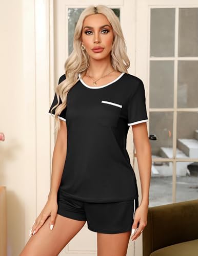 Detalle de Ekouaer Women’s Two-Piece Pajama Set with Chest Pocket and Drawstring Shorts