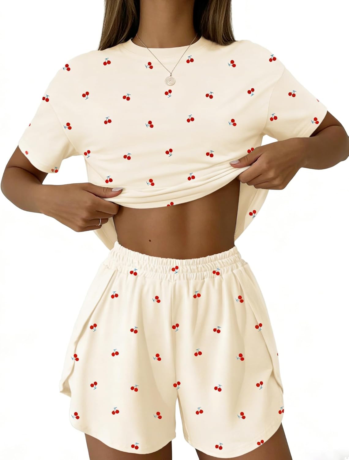 Detalle de IECCP Damen Kurz Schlafanzug Set – Zweiteiliges Sommerpyjama mit Kurzarm und Shorts