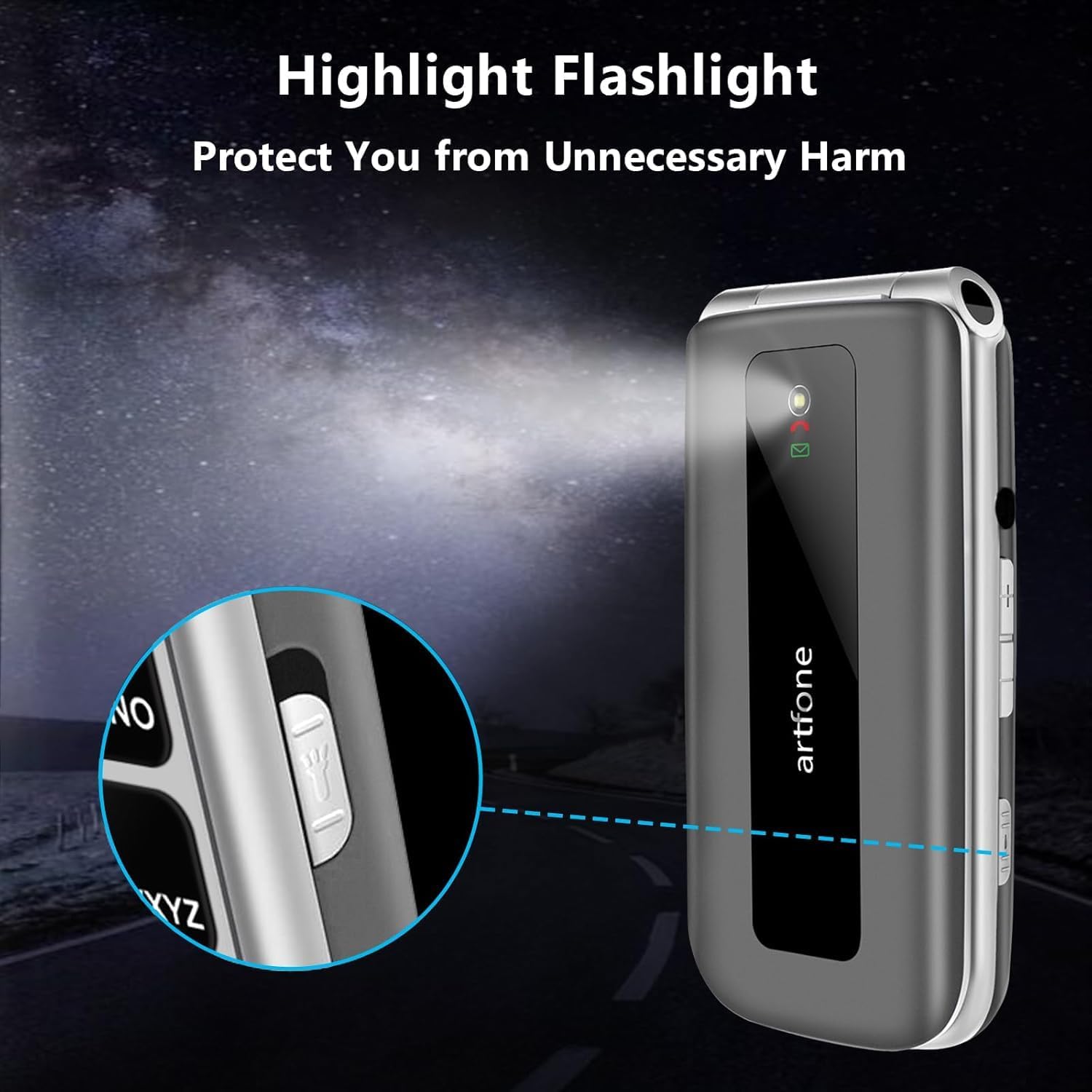 Detalle de artfone F30 4G SIM-Free unlocked flip phone with SOS button, big buttons and 2.4-inch display
