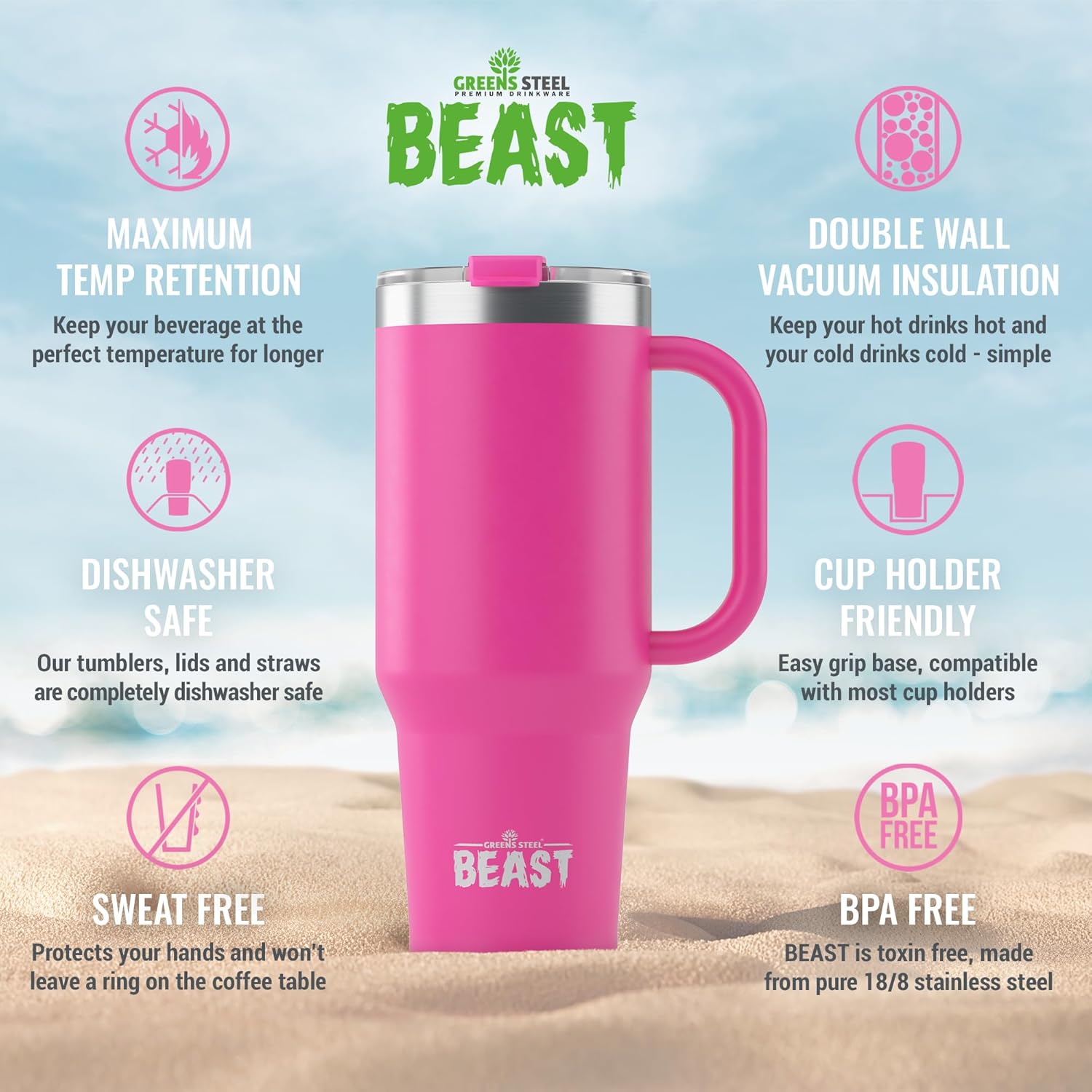 Thumbnail 6 de Beast Tumbler with Handle - 1300 ml (42 oz) in Cup Cake Pink: Durable Stainless Steel Travel Mug with Leak-Proof Lid
