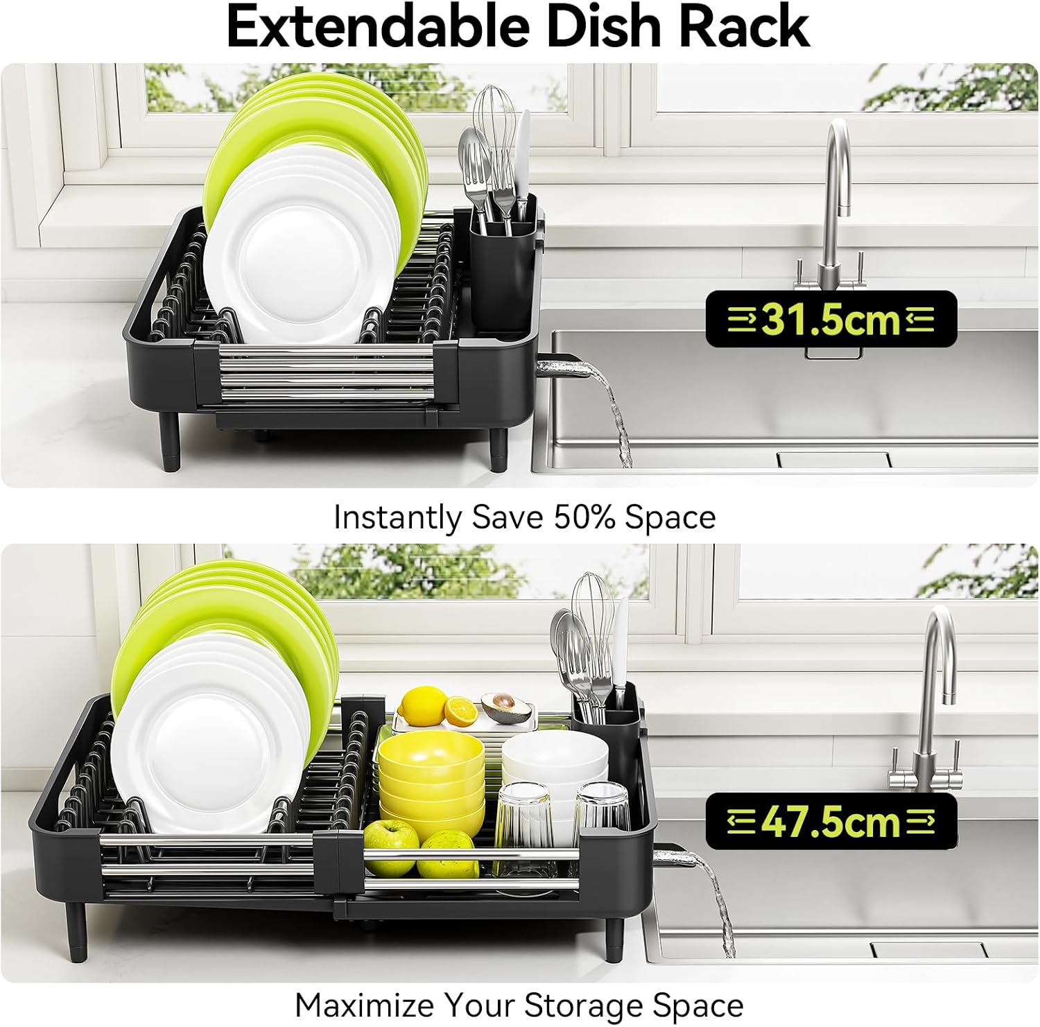 Detalle 2 de Urackify Extendable Stainless Steel Dish Rack, Black, with Swivel Drain Spout