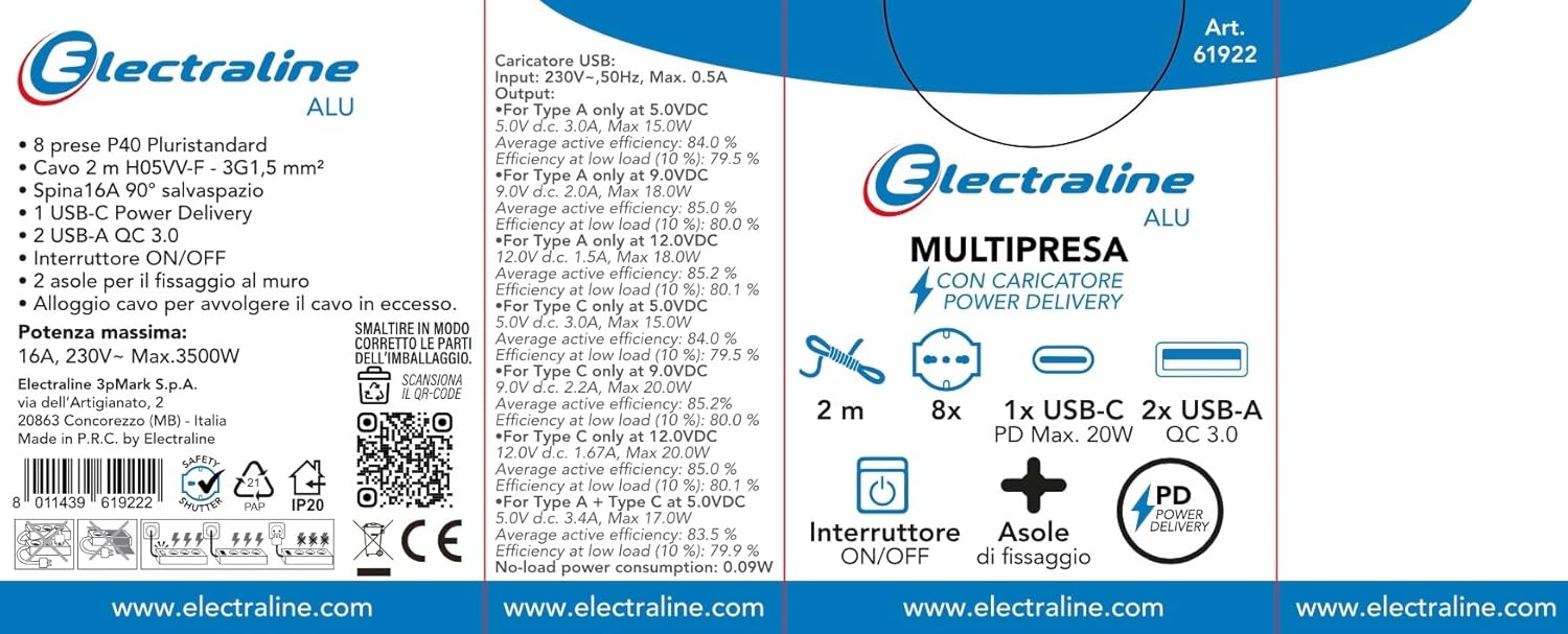 Thumbnail 6 de Electraline 61922 Alu-Line: Multipresa 8 Posti con USB PD, Schuko e Interruttore luminoso