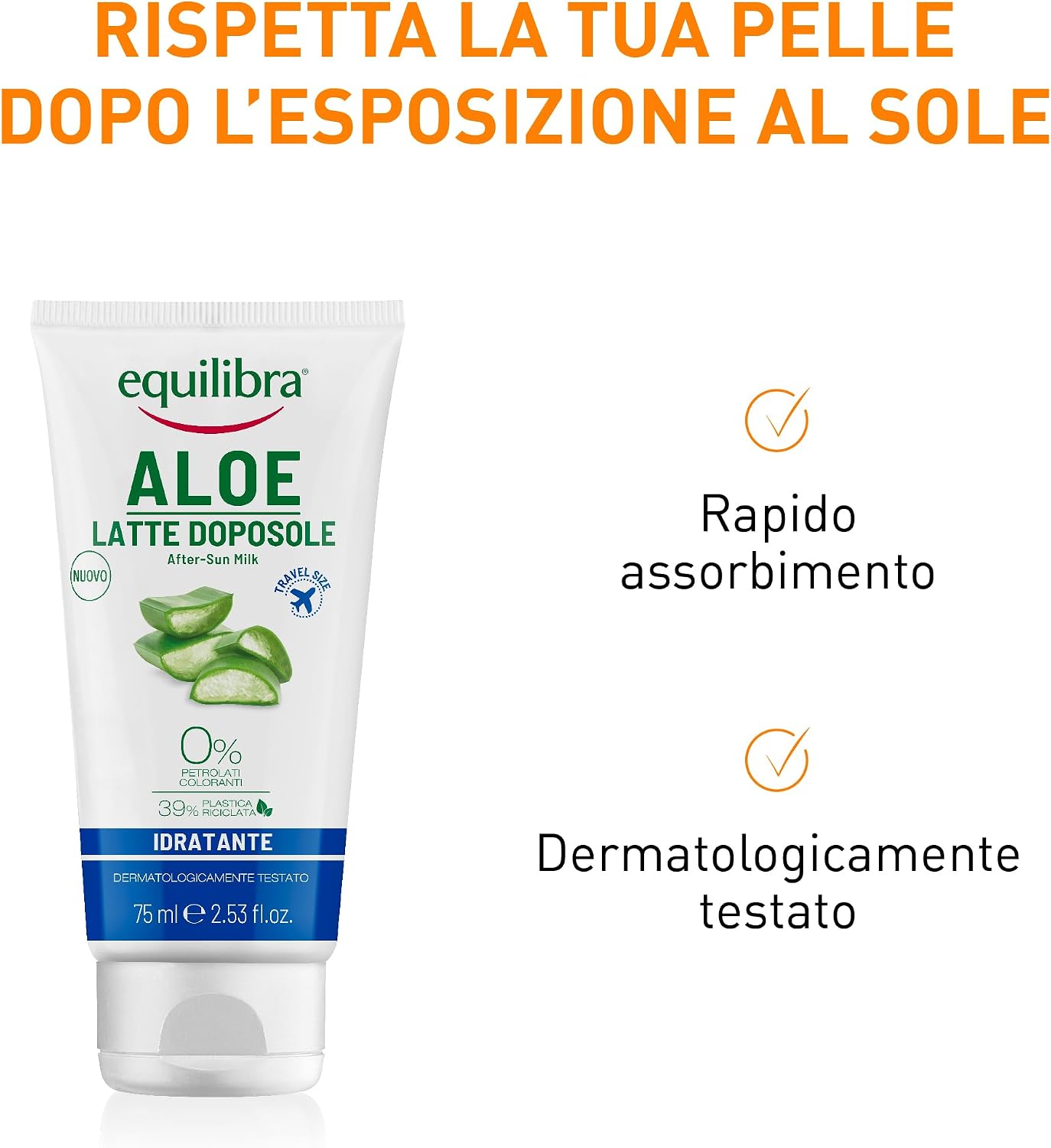 Detalle de equilibra Solari Aloe Latte Doposole Idratante Travel Size (75 ml): dopo sole leggero e nutriente