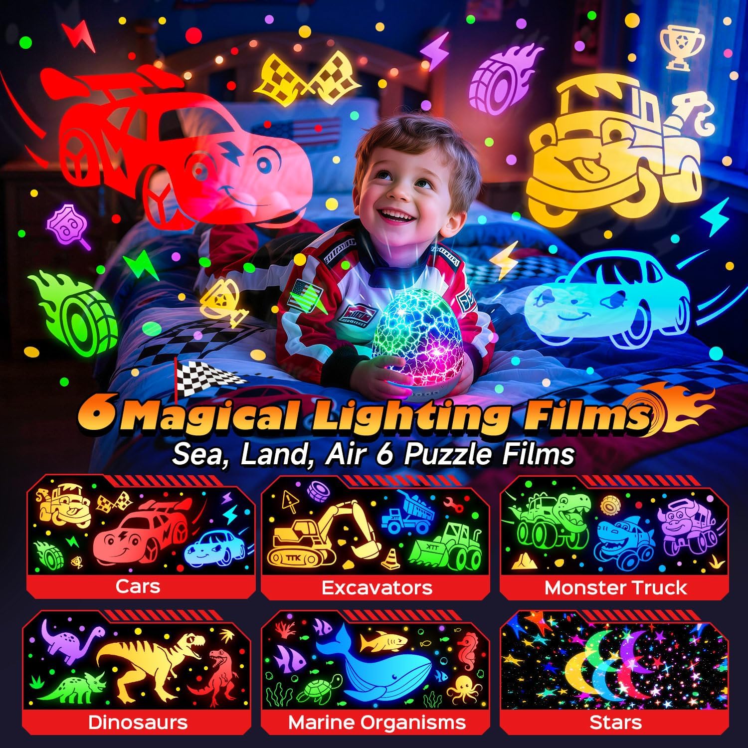 Detalle de Toy Cars Projector Egg Shaped Night Light with 6HD Films, Sounds, 31 Colors, Remote, and 360° Rotation