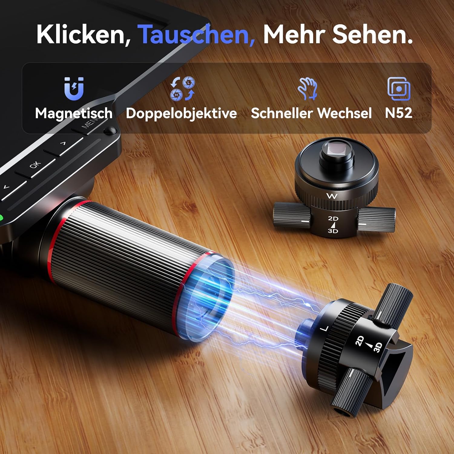 Detalle de TOMLOV TM3K-3D HDMI Digitalmikroskop mit magnetischen Dual-Linsen – 3K Video, 38MP Fotos, 7" IPS Display