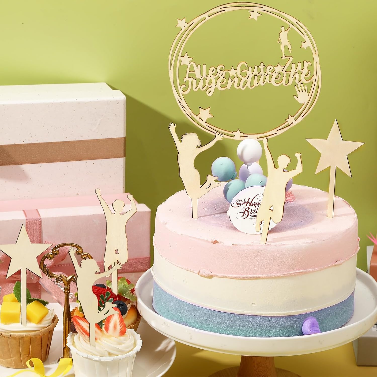 Thumbnail 2 de JUNEBRUSHS Jugendweihe Tortendeko aus Holz (4-teilig) – Cake Topper & Stern als Kuchenstecker