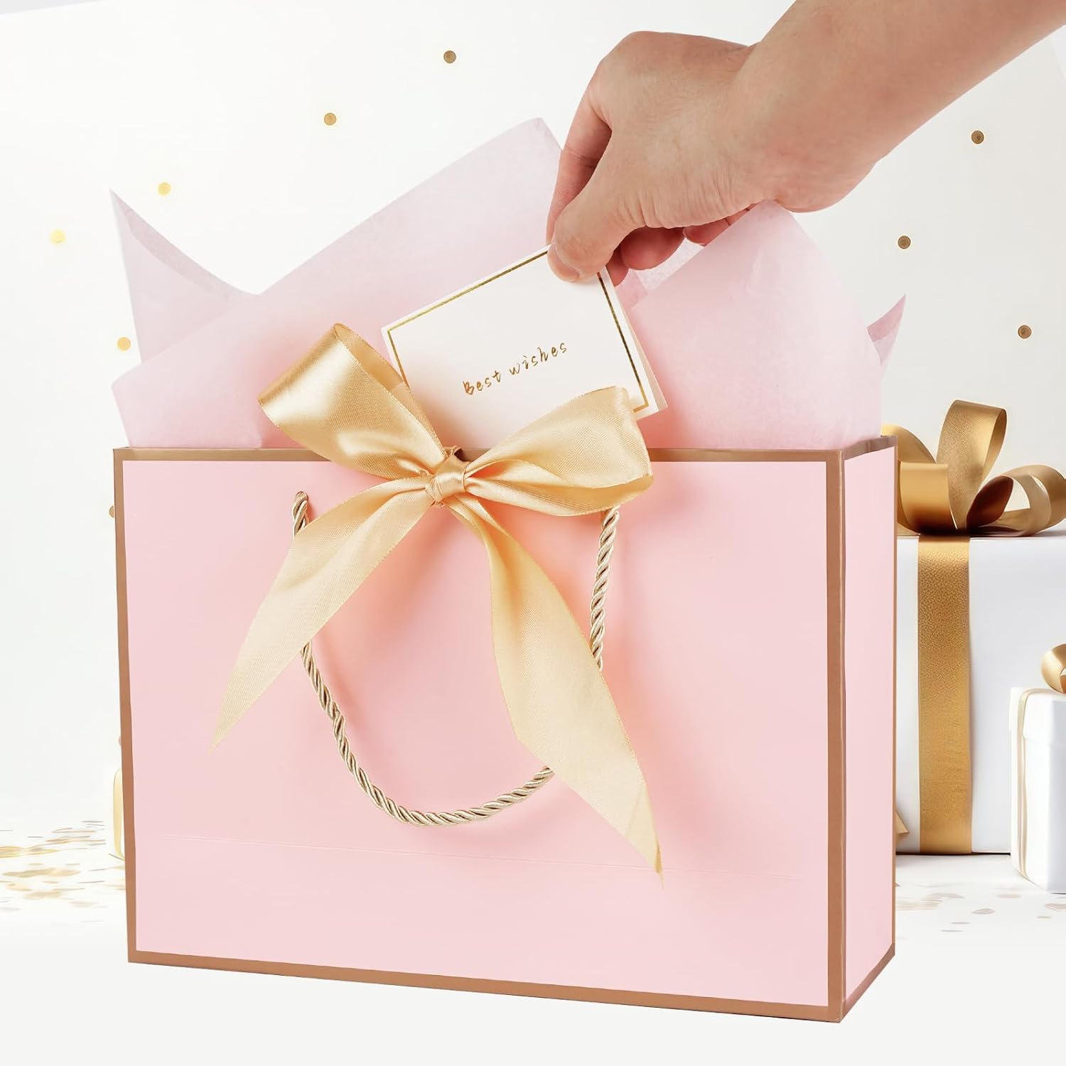 Thumbnail 4 de 2er-Set Geschenktüten Rosa-Gold mit Verpackungen und Karten, 20 × 10 × 28 cm