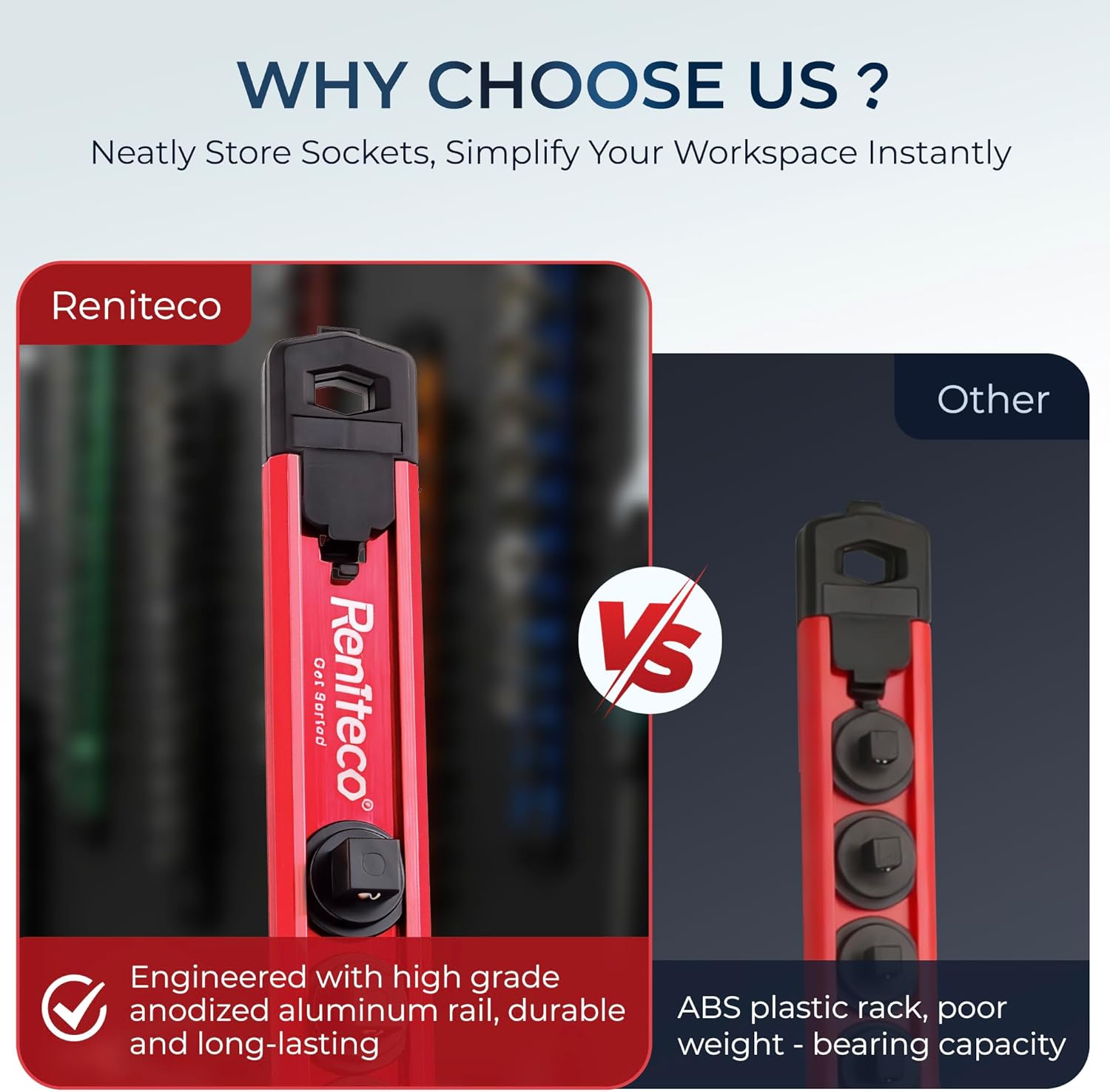 Thumbnail 4 de Reniteco Magnetic Socket Organizer Set (3PC) for 3/8-Inch Drive Sockets — 360° Swivel Socket Rail