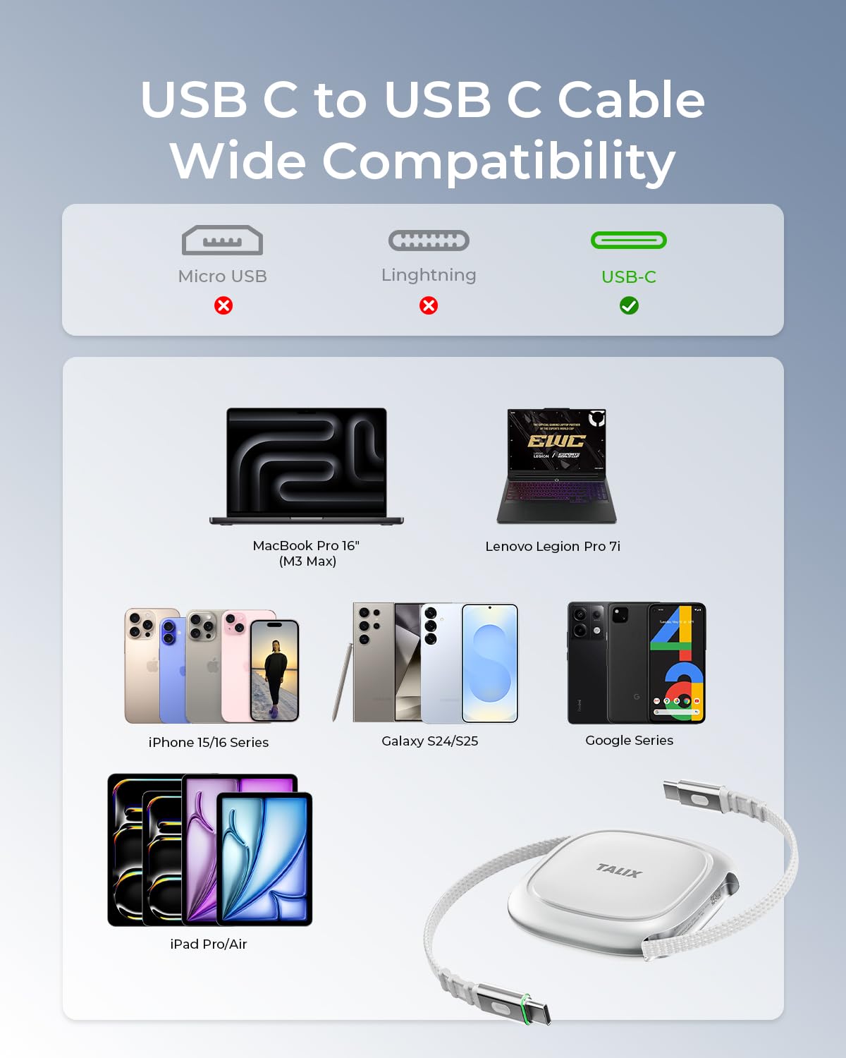 Thumbnail 6 de TALIX 240W Retractable USB-C Cable — PD 3.2, E-Marker, 480Mbps Data, Anti-Tangle