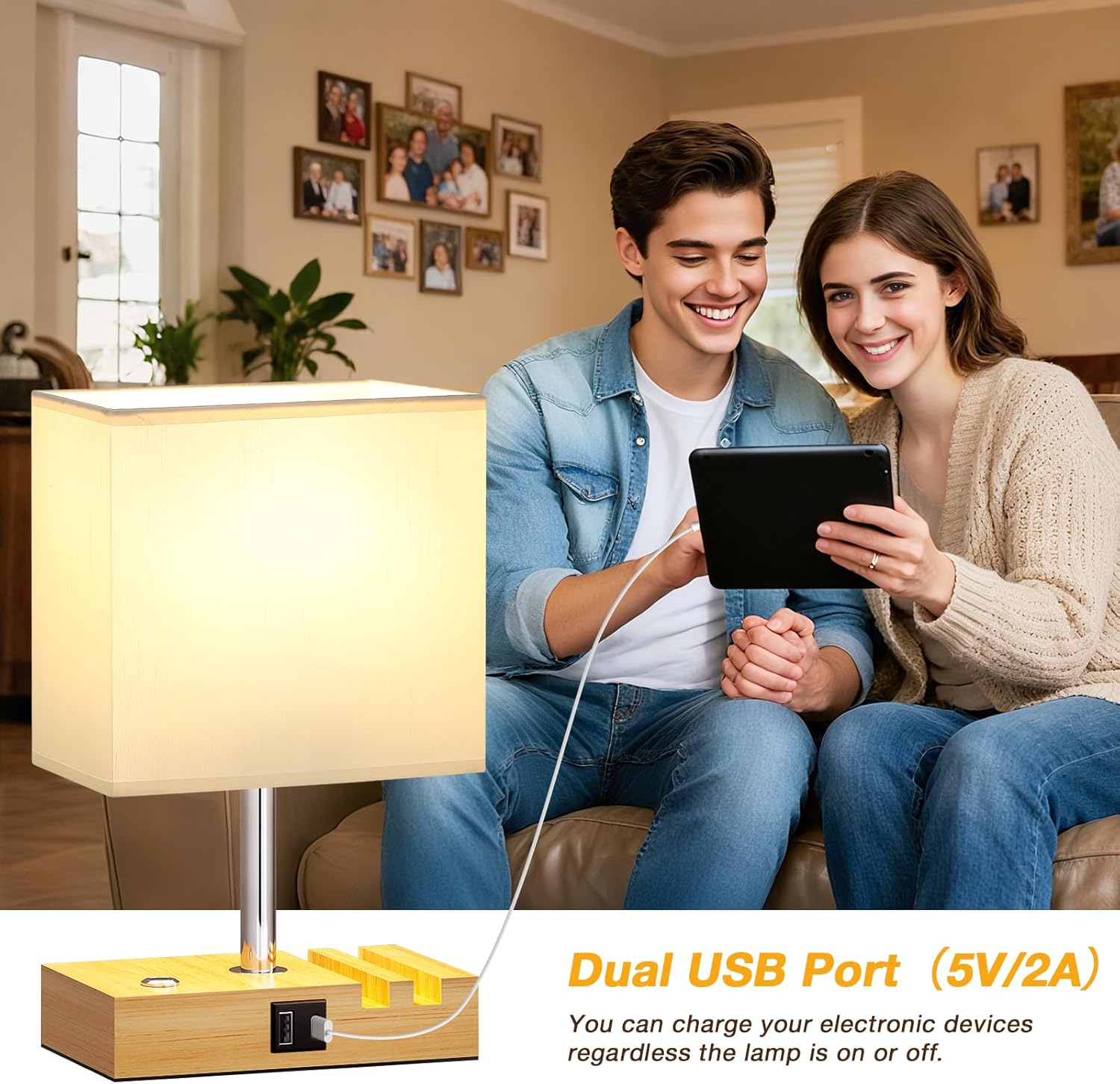 Detalle de PreeOtti Bedside Wooden Lamp with USB A+C ports