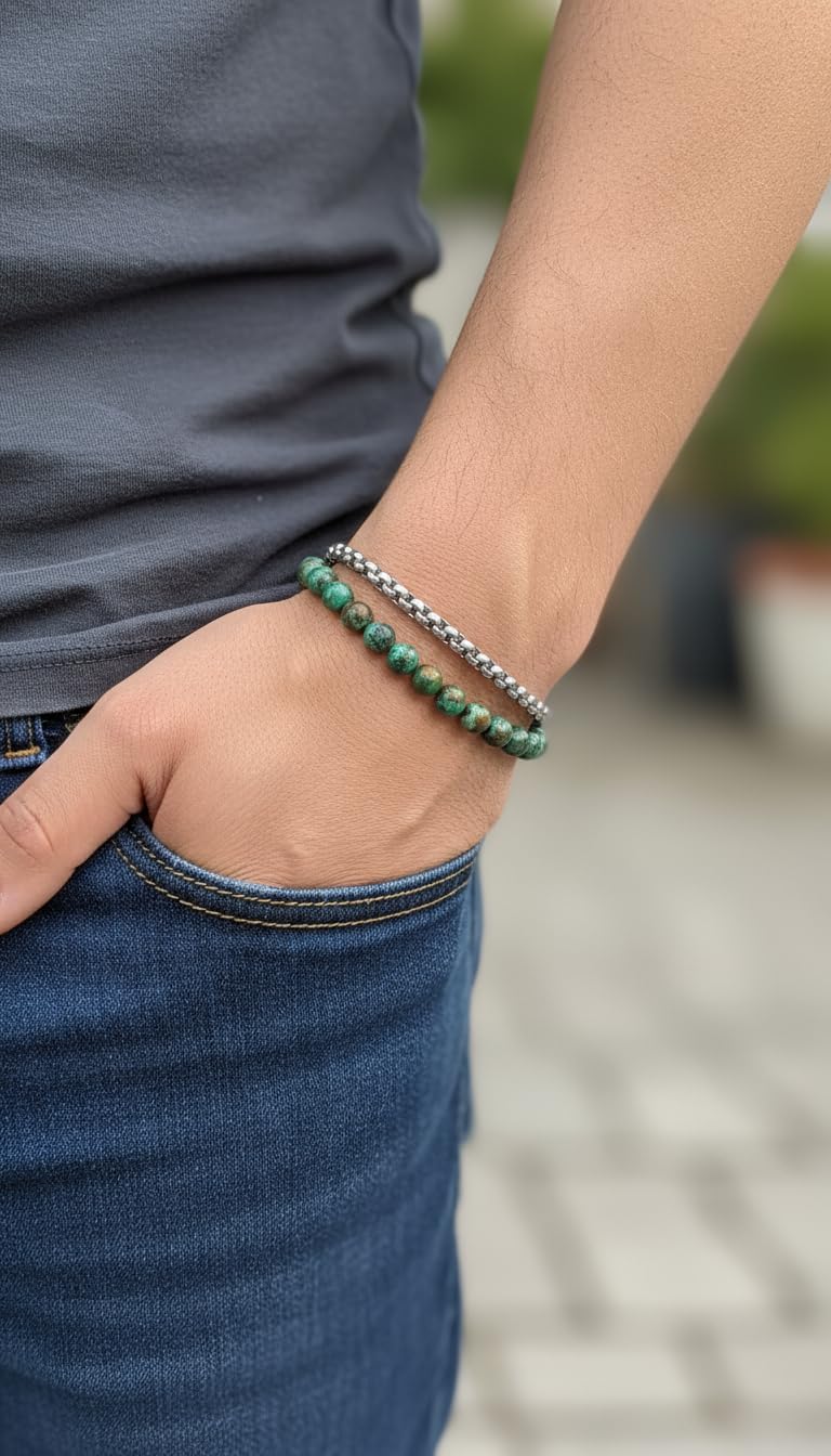 Thumbnail 1 de 10:10 Bracciale Unisex Pietre Naturali 6 mm – Catena Veneziana in Acciaio Inox Lucida, Made in Italy
