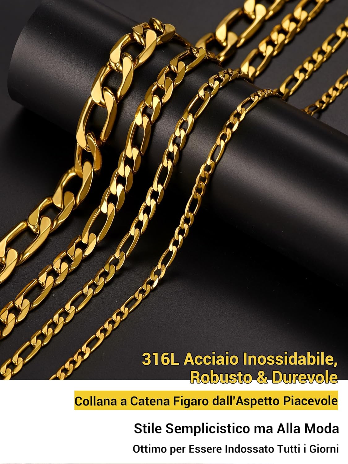 Thumbnail 6 de PROSTEEL Collana Catena Semplice da Uomo a Modello Maglia Figaro 3+1 – Acciaio Inossidabile/Placcato Oro 18K, due tonalità, 46/51/55 cm