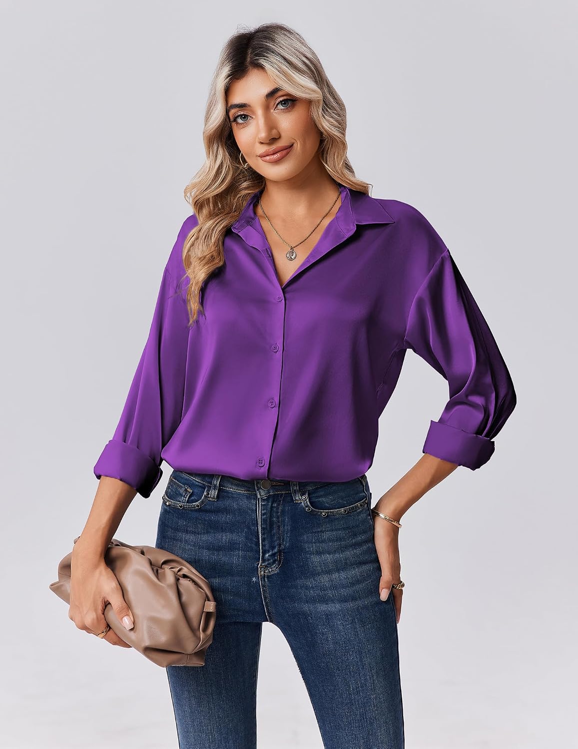 Detalle de Zeagoo Long-Sleeve Satin Button-Down Blouse for Women