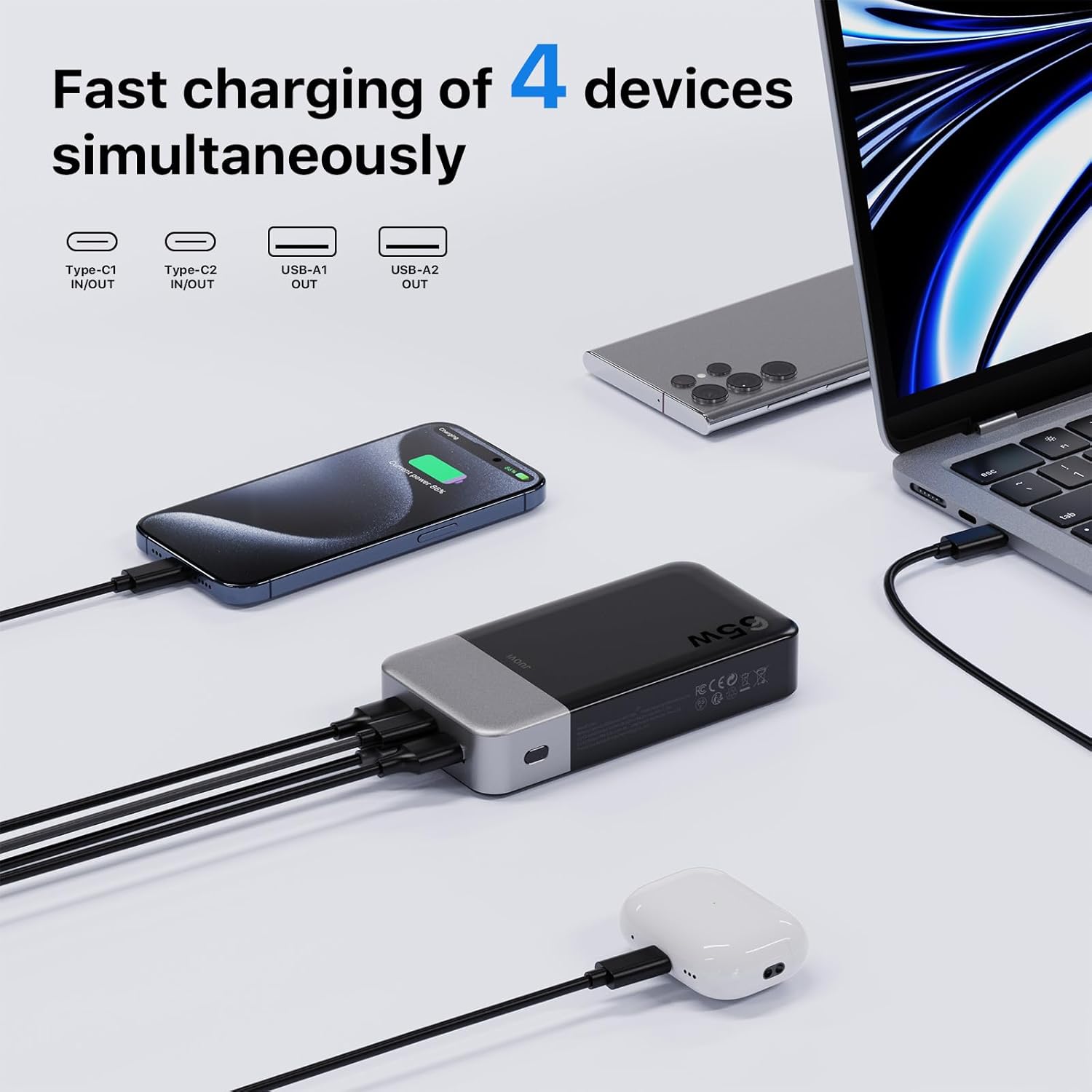 Detalle de JUOVI Batterie Externe 65W Power Bank – 20000 mAh, 4 ports USB-C/USB-A avec affichage LED