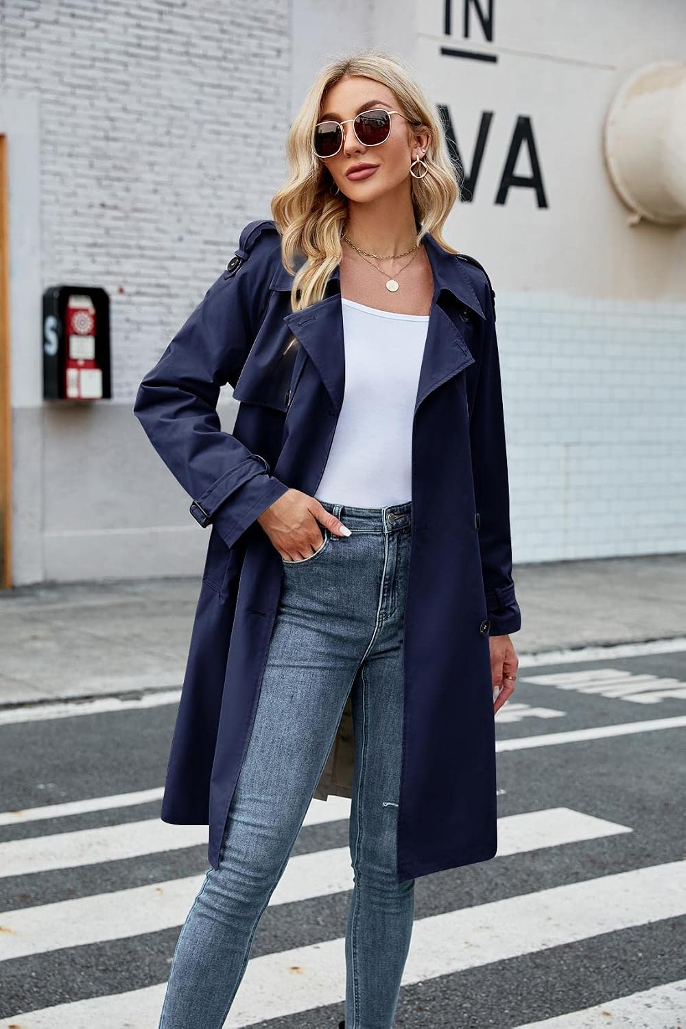 Detalle 2 de Makkrom Women's Long Double-Breasted Windproof Trench Coat with Belt