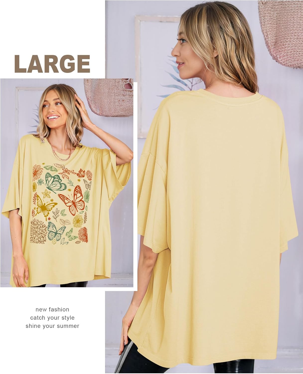 Detalle de WIEIYM Women Oversized T Shirt with Butterfly Flower Graphic – Boho Summer Boost