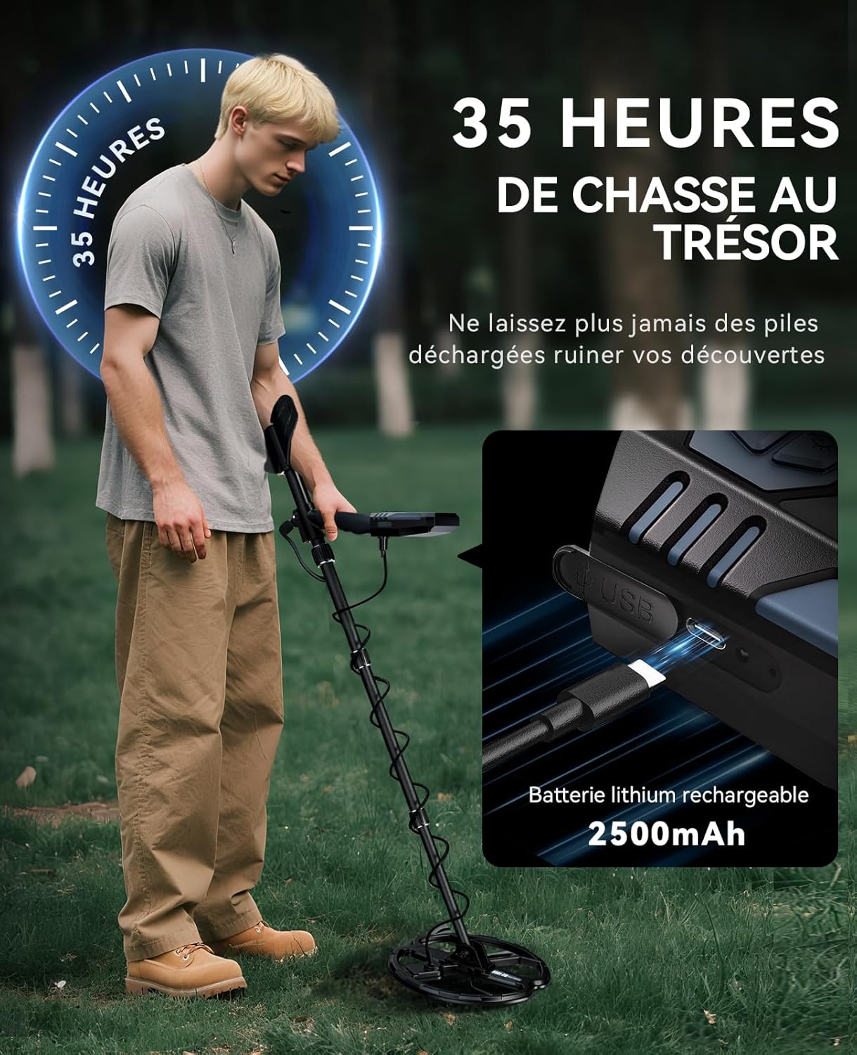 Thumbnail 1 de SUNPOW Détecteur de Métaux – Bobine Double D 28 cm, Batterie Li-ion 35 h, 4 modes, 7 métaux identifiés, IP68