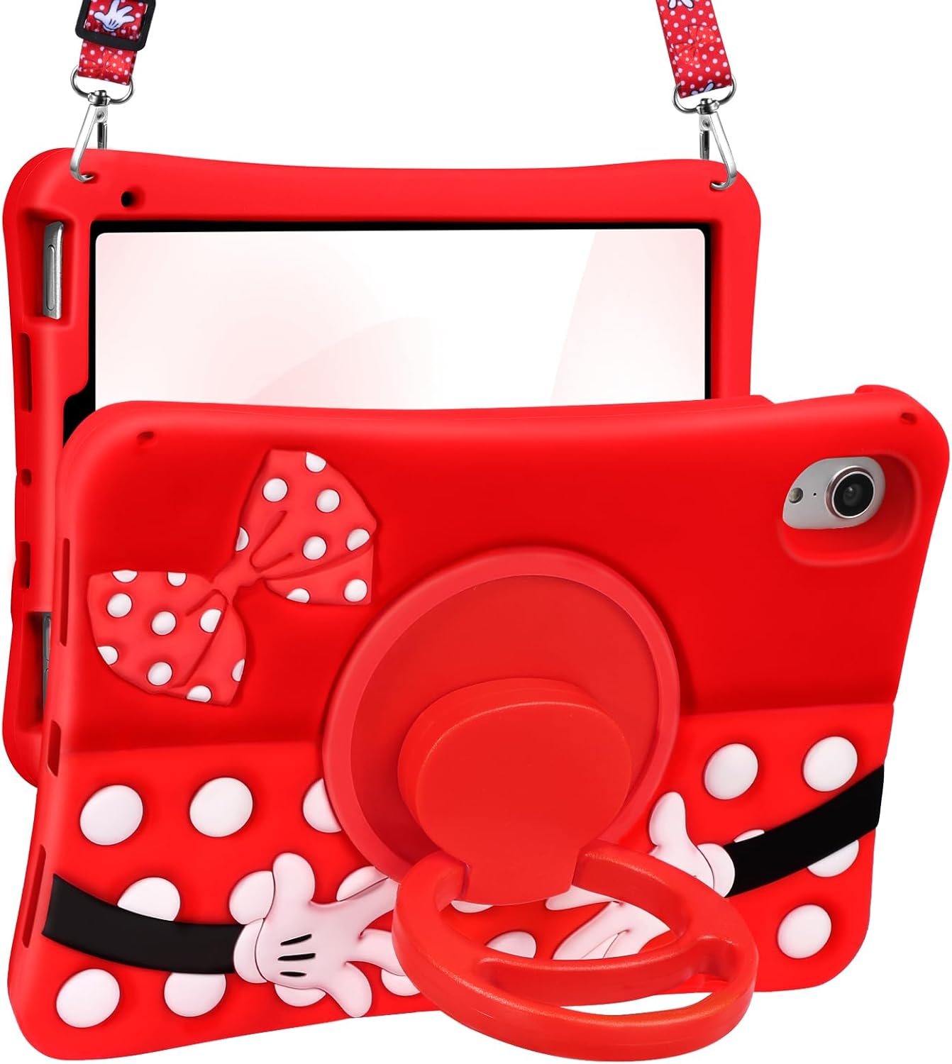 Thumbnail 6 de Kokaade for iPad (A16) 11th Gen 11-Inch Case 2025 – Soft Silicone Cartoon with Shoulder Strap and Rotating Stand (Red)