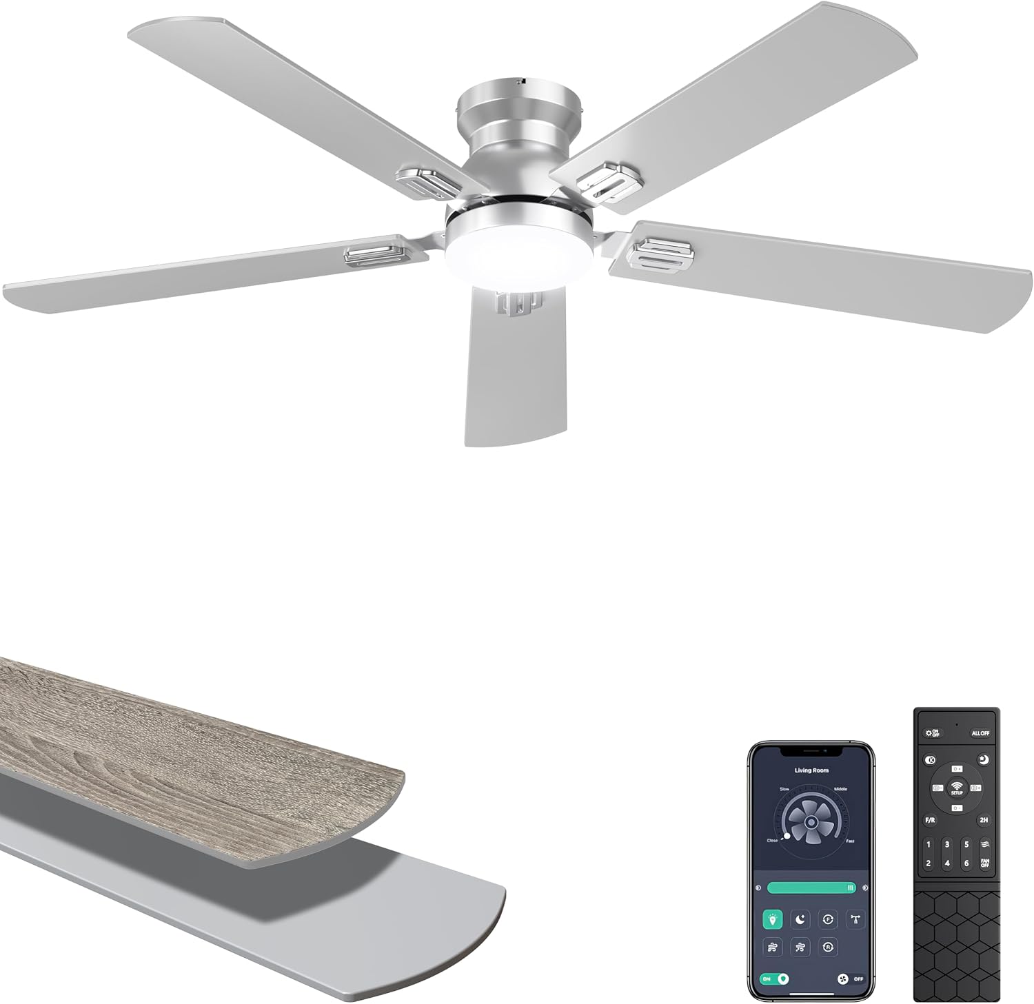 Detalle de Ohniyou 52-Inch Low Profile Ceiling Fan with Light and Remote/App Control