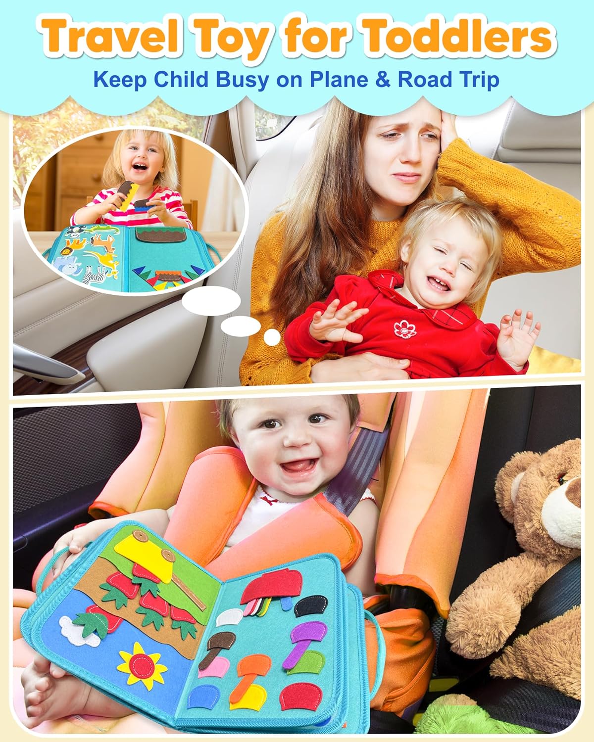 Detalle 2 de Exorany Busy Board Montessori Toys for Toddlers — 8-Page Travel Learning Book