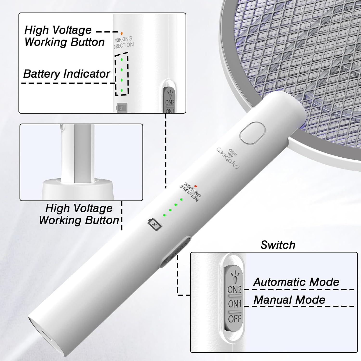 Detalle 2 de GooQand WD-942 Electric Bug Zapper Racket, 4000V, Dual Mode, 3-Layer Mesh