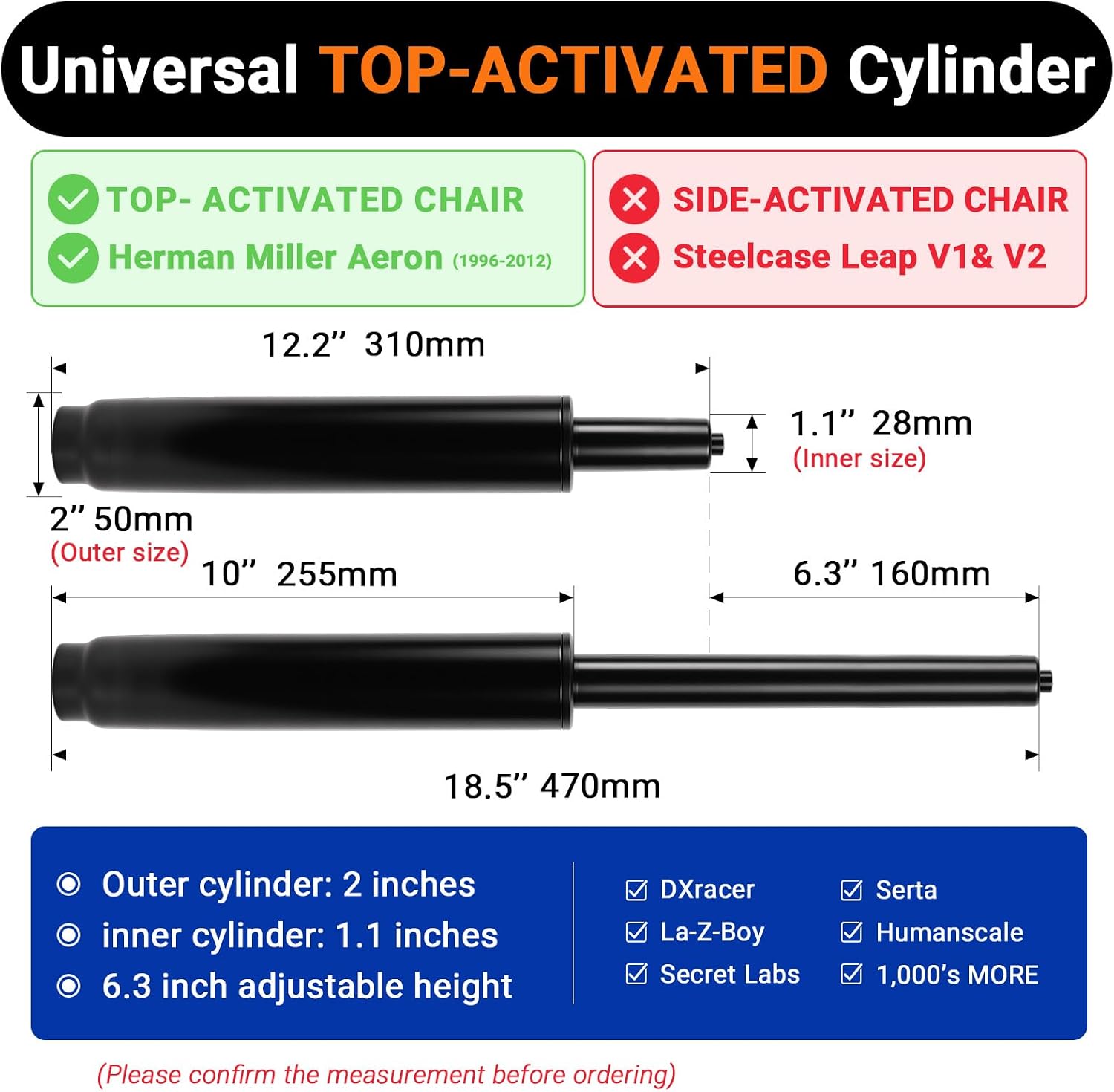Thumbnail 1 de Rythalix RX-GAS-LIFT-S100-15-BLACK-CA-v1 Office Chair Cylinder, Top-Activated