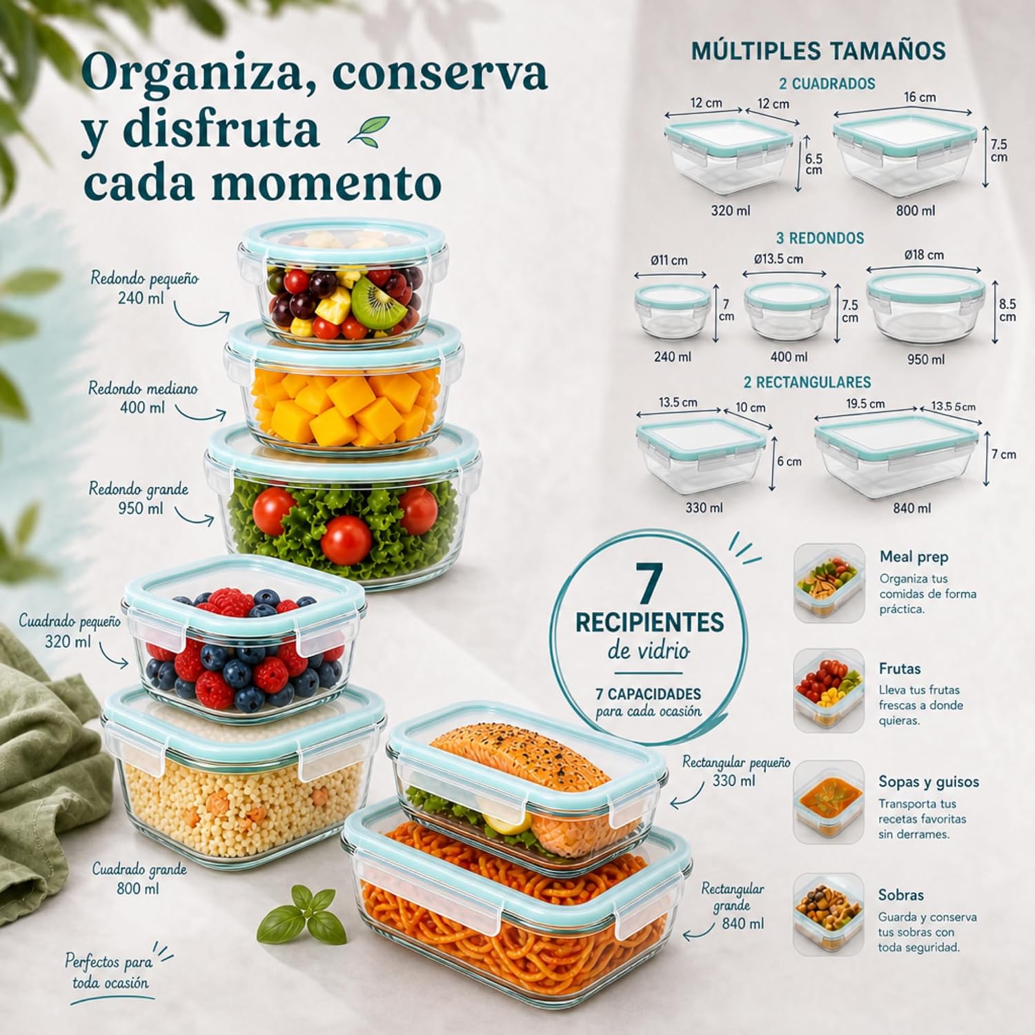 Detalle 2 de edihome Recipientes de Cristal para alimentos, 14 piezas: set hermético con tapas y borosilicato, apto lavavajillas, congelador y microondas