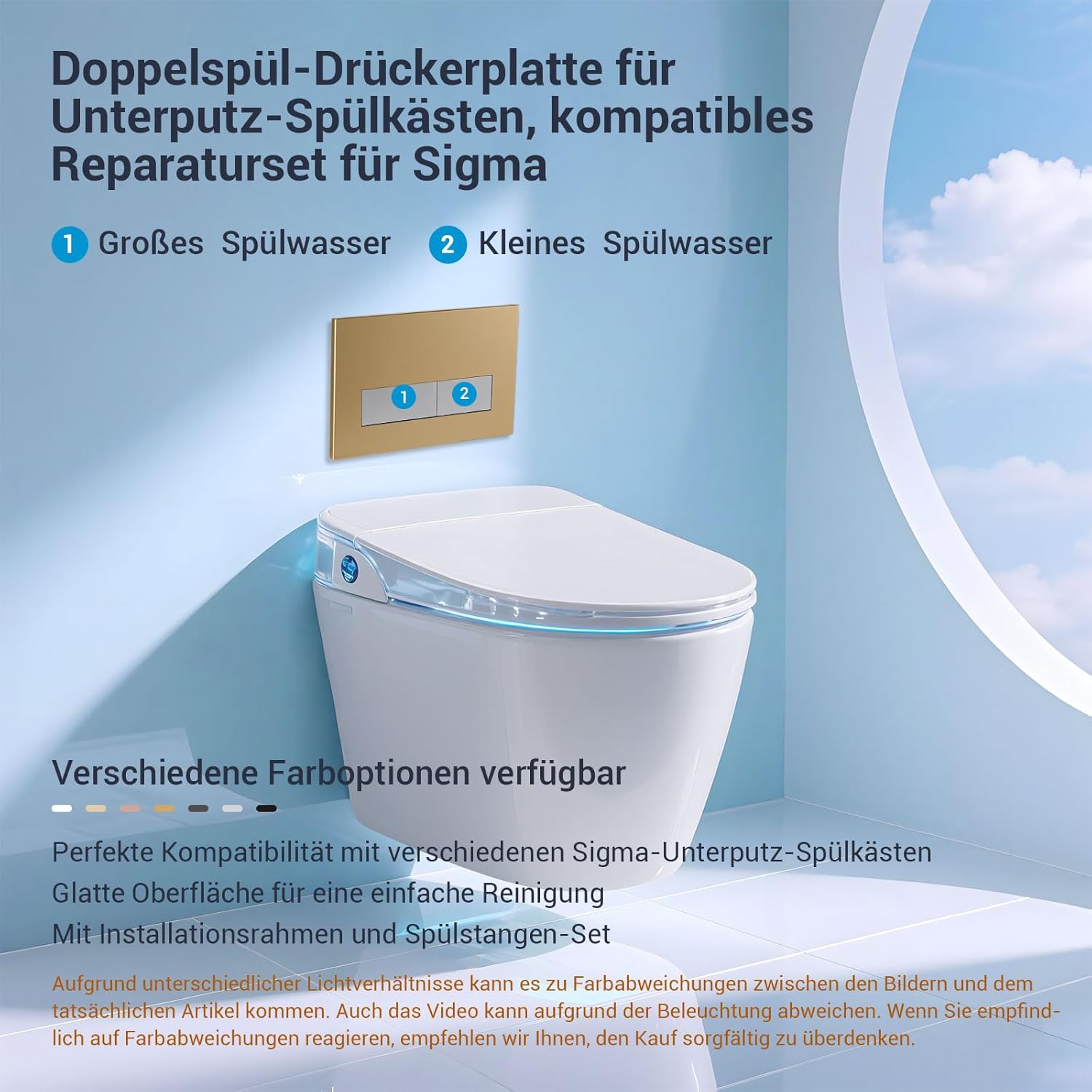 Thumbnail 1 de Mendorio WC Drückerplatte – Geberit Sigma UP300/UP320 kompatibel, Doppelspülung, matt Gold & Matt Silbergrau