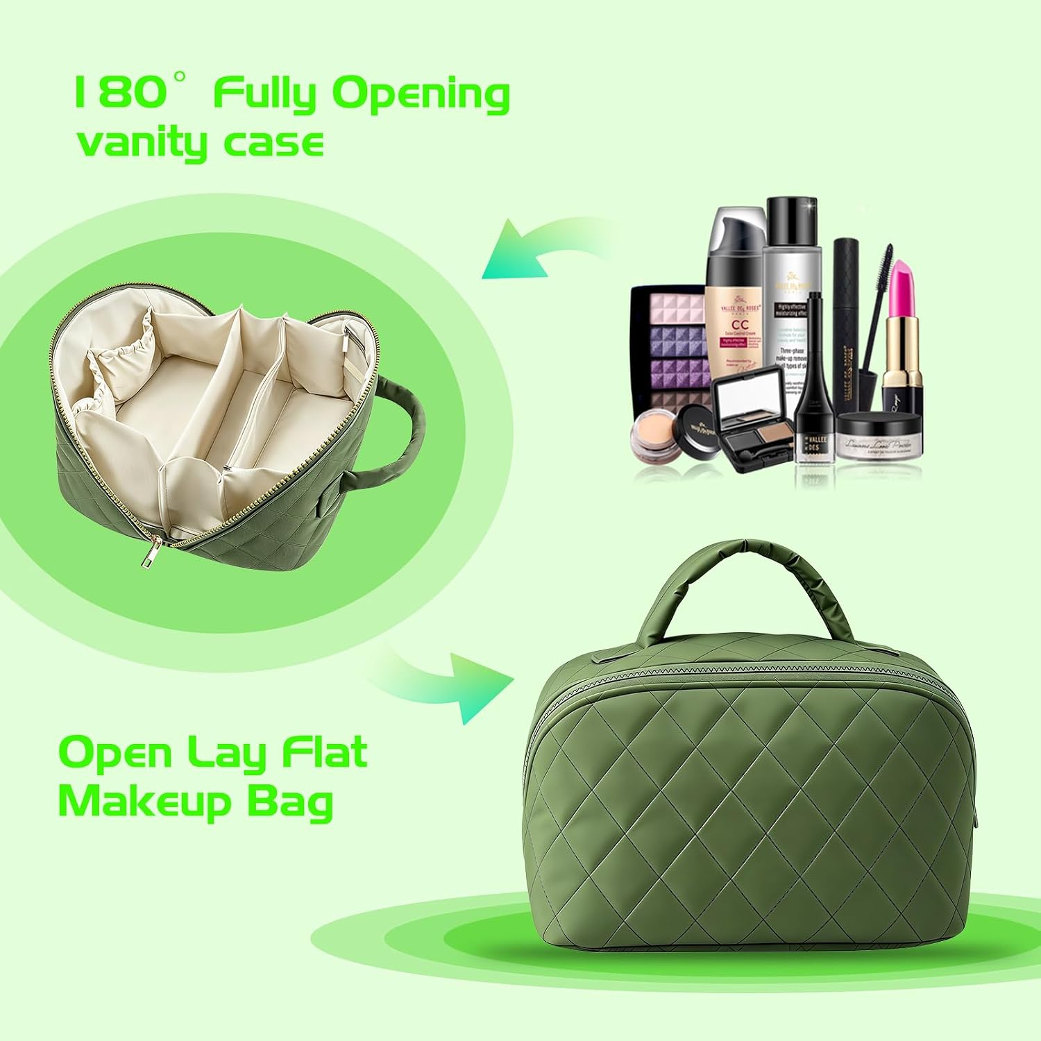 Thumbnail 6 de Travel Makeup Bag for Women: Large Flat Lay Case with Compartments, Clear Brushes Pocket and Wet Pocket (Green)
