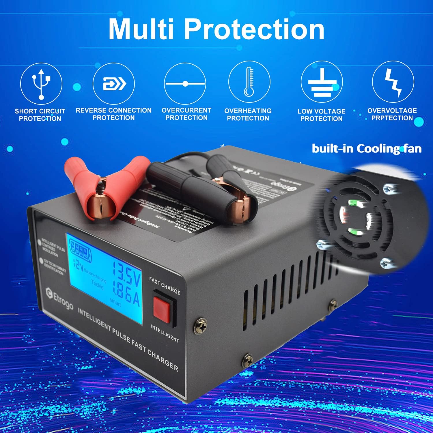 Thumbnail 6 de Etrogo Intelligentes 12V/24V 10A Ladegerät – 5‑Phasen-Ladegerät mit LCD, kompatibel mit Blei-Säure-Batterien