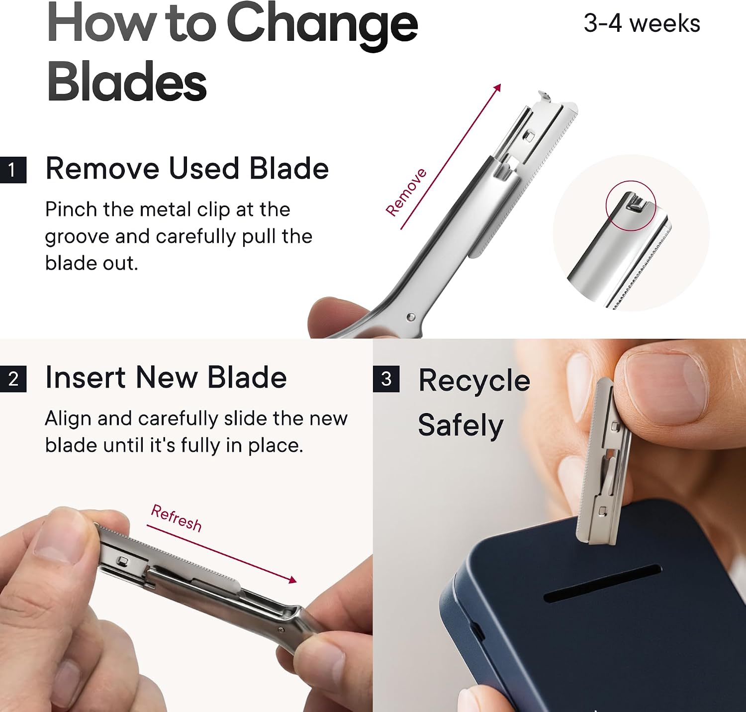 Detalle de CAVEEM Eyebrow Razor, Matte Silver, 6 Blades, Zinc Alloy Handle and Silicone Cap