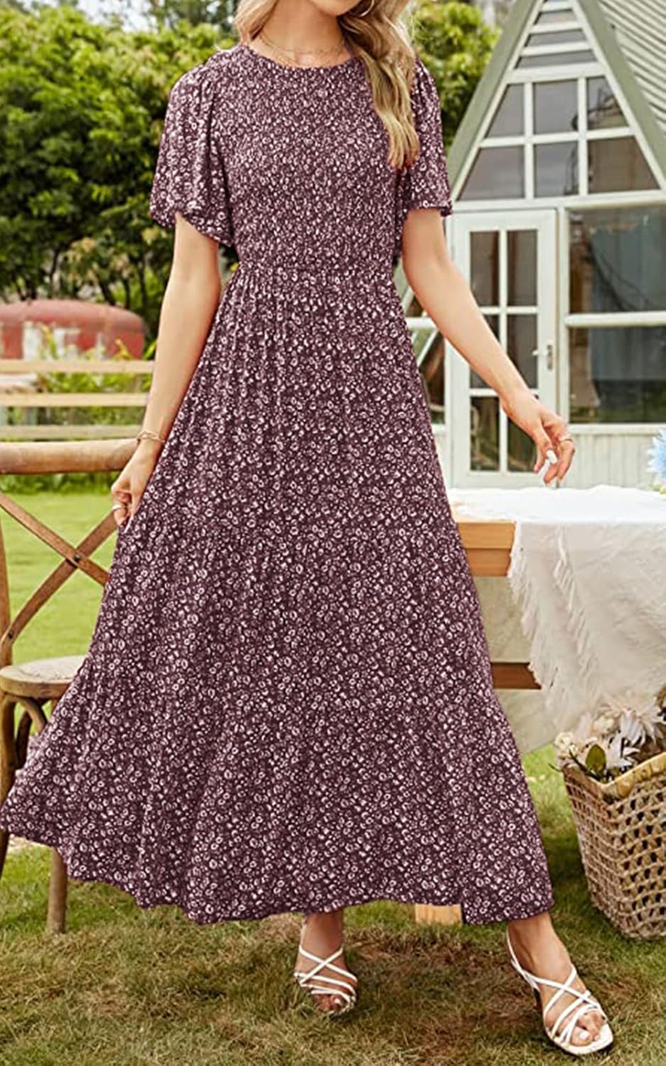 Thumbnail 4 de PRETTYGARDEN Women’s 2026 Summer Boho Floral Smocked Tiered Maxi Dress (Flutter Short Sleeves)