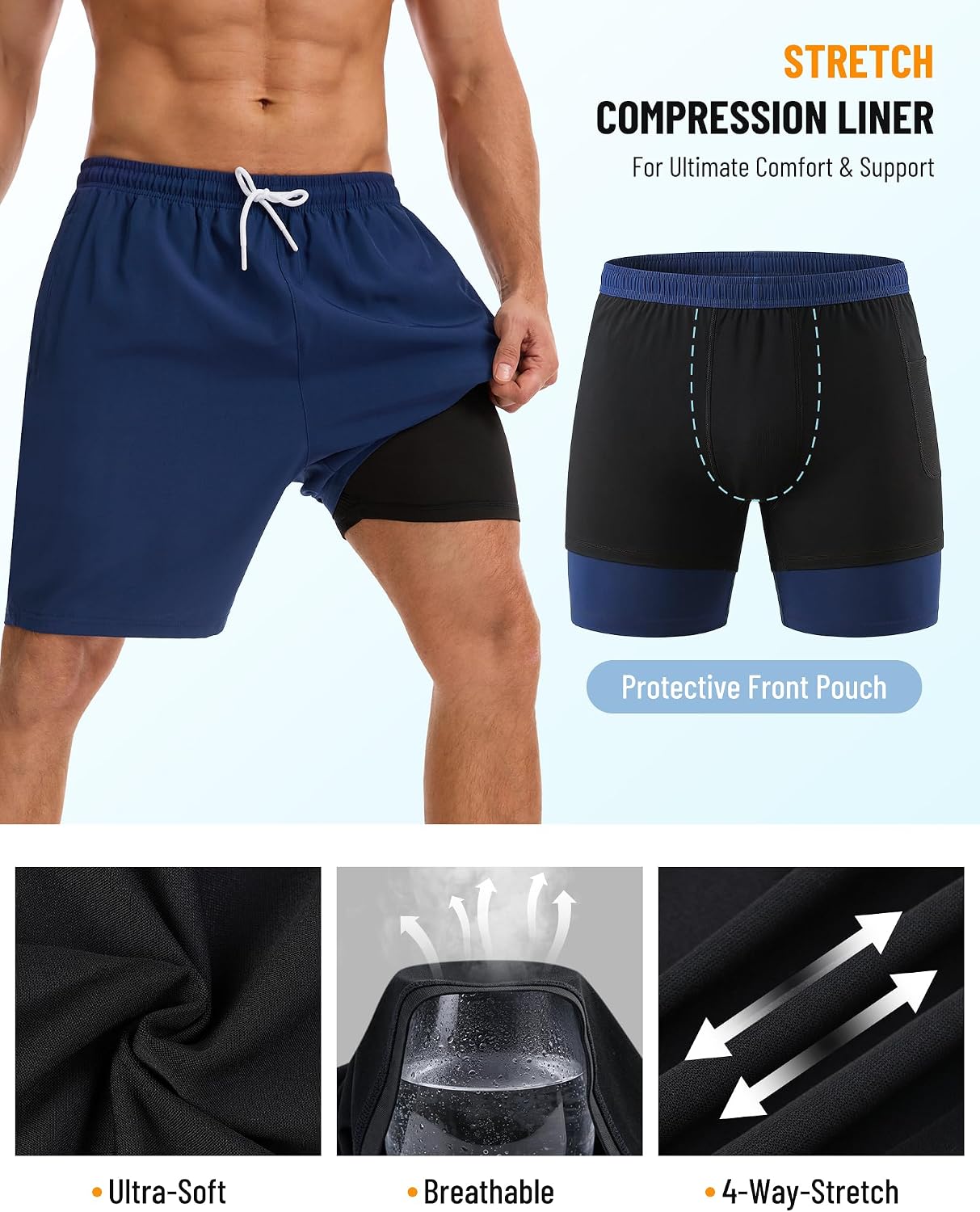 Detalle 2 de YUTYTH Men's Swim Shorts with Compression Liner: 2-in-1 Board Shorts for Quick Dry Performance