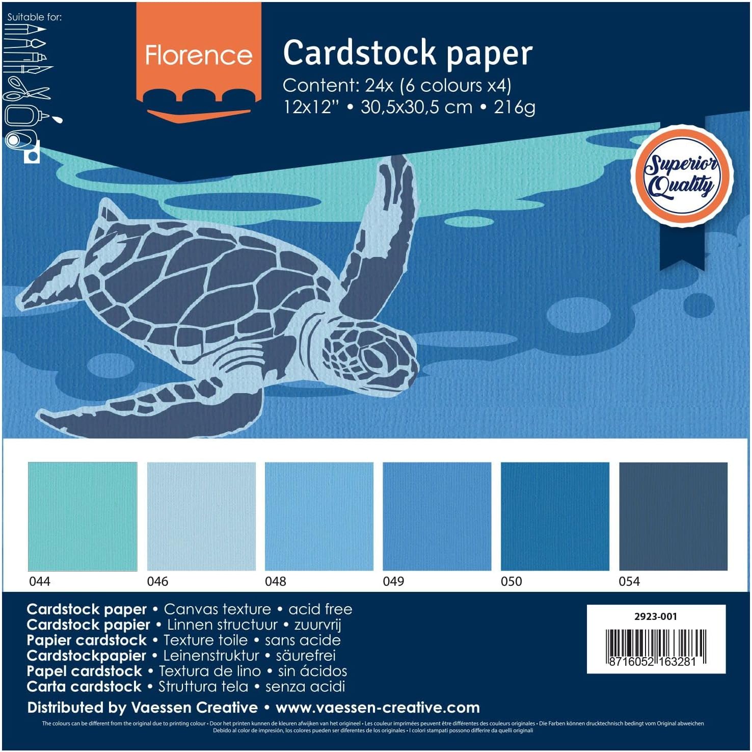 Detalle de Florence Papier Cartonné Bleu Rugueux 30,5 x 30,5 cm – 24 feuilles, Vaessen Creative