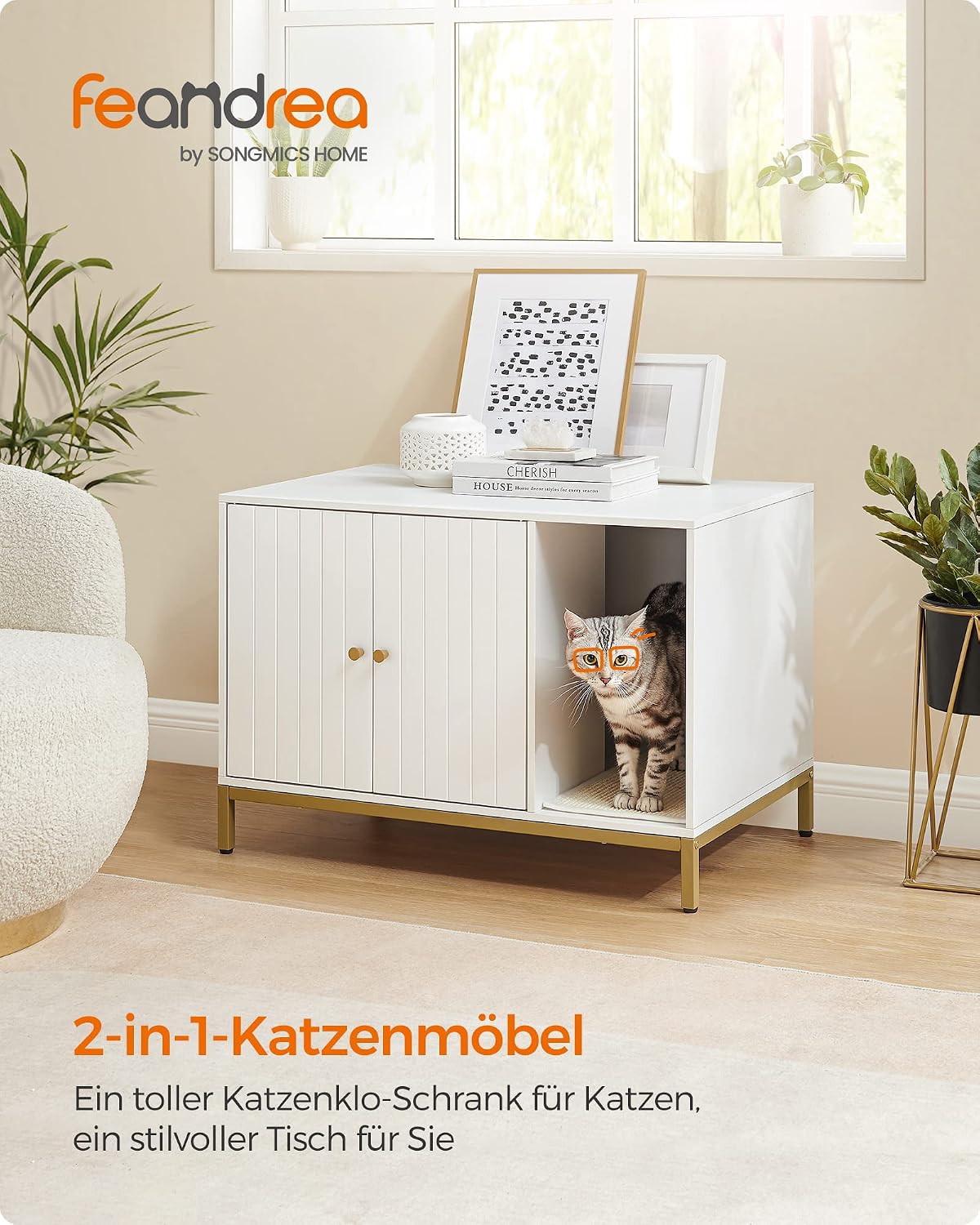 Detalle de Feandrea Katzenklo-Schrank PCL007W01 mit Kratzmatte – Katzenhaus und Versteck für die Katzentoilette (80 x 50 x 55 cm) in Weiß-Gold