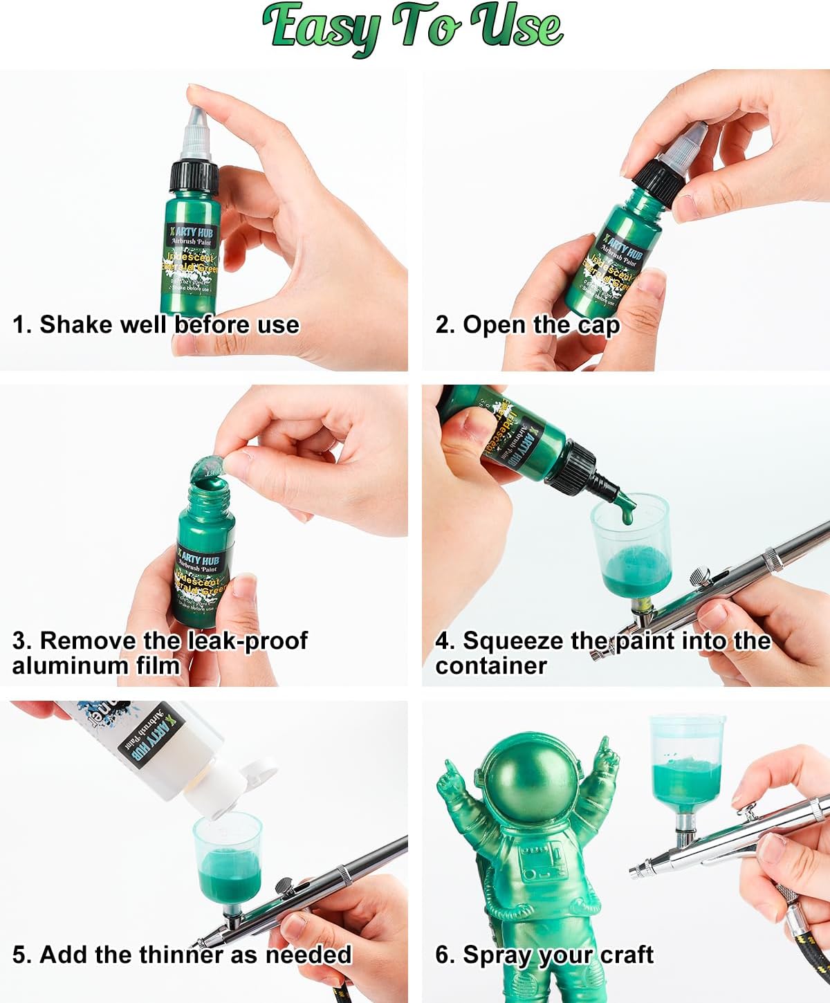 Detalle de X ARTY HUB airbrush-verfset met 42 kleuren en 120 ml verdunner