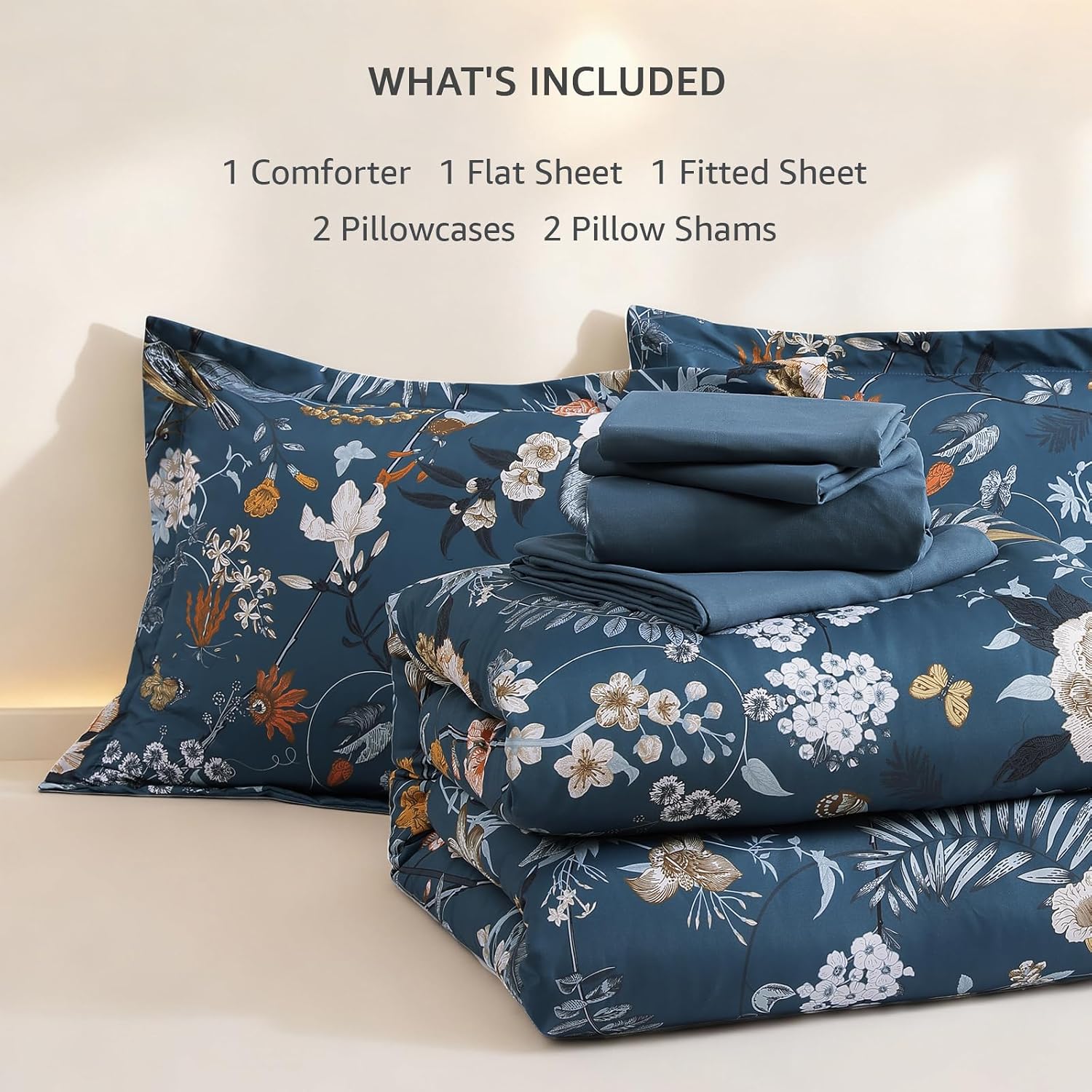 Detalle de CASAAGUSTO California King Comforter Set, Blue Floral & Butterfly 7-Piece Bed-in-a-Bag