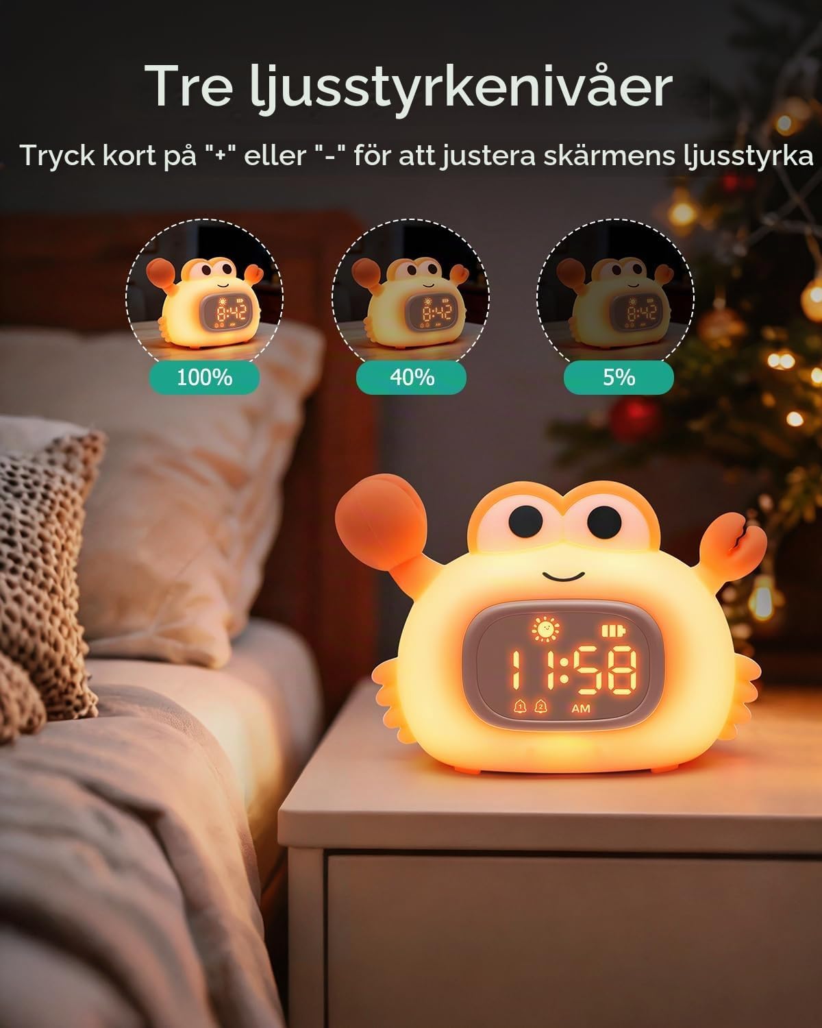 Detalle 2 de ORIA UF212 väckarklocka för barn med nattlampa, krabbform och dubbla alarm
