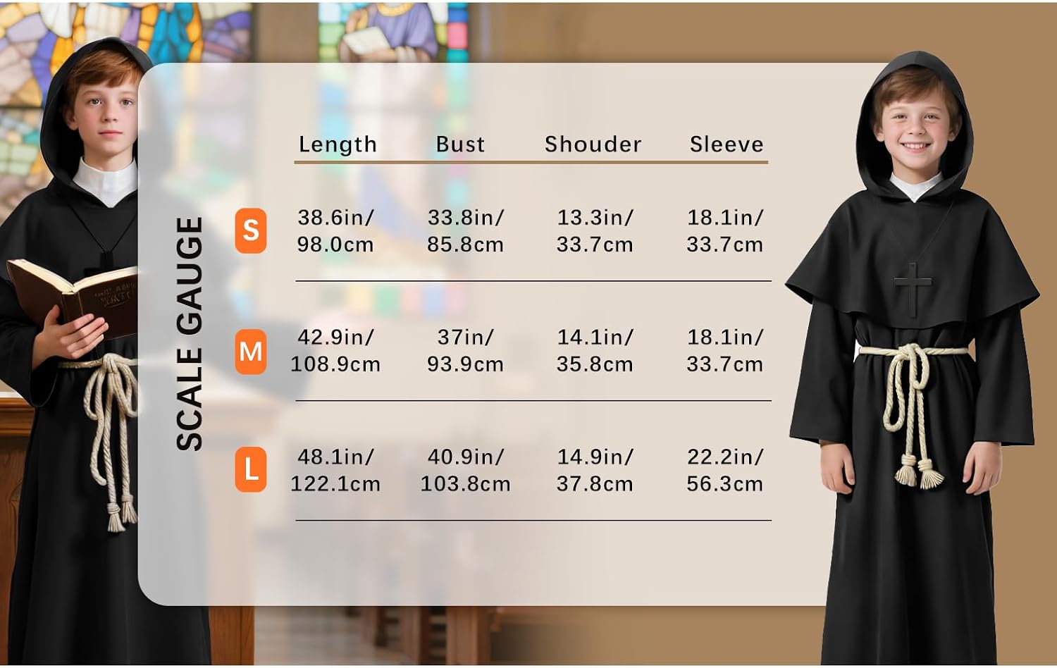 Detalle de VZQI ZQ124US3 Kids' Medieval Monk Robe Costume with Hooded Shawl and Rope Belt