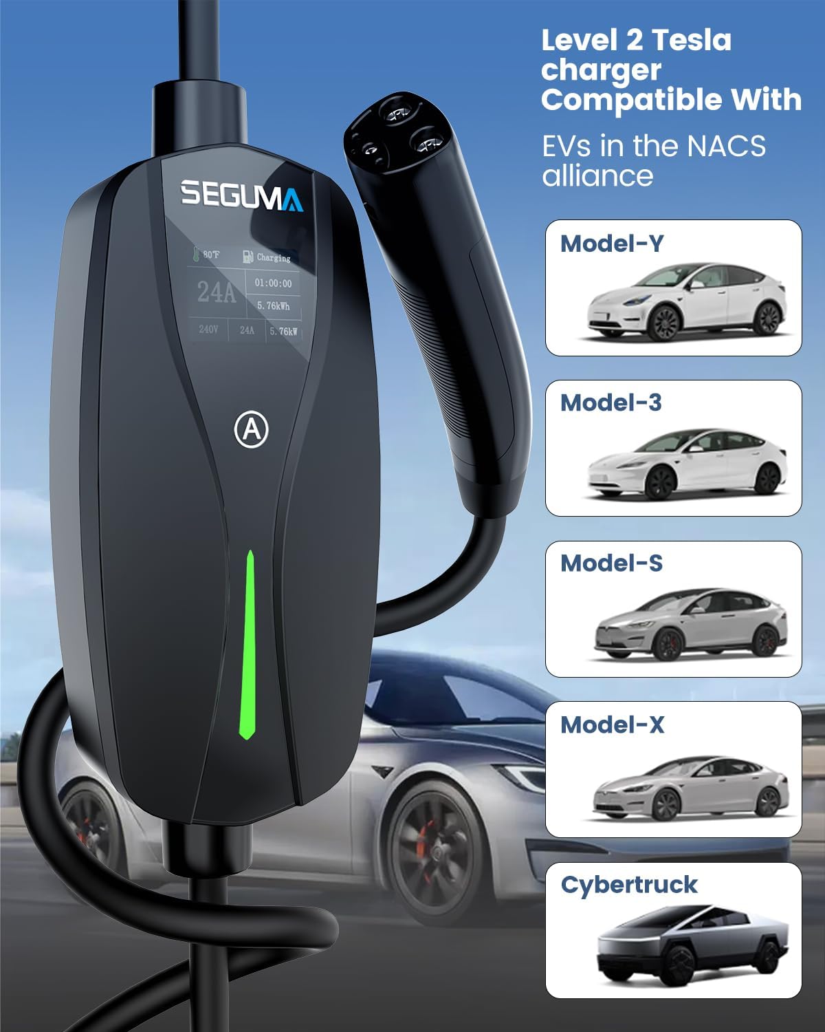 Thumbnail 5 de SEGUMA Level 2 Tesla Charger-24A 240V with NEMA 14-30, 25ft Extension Cable