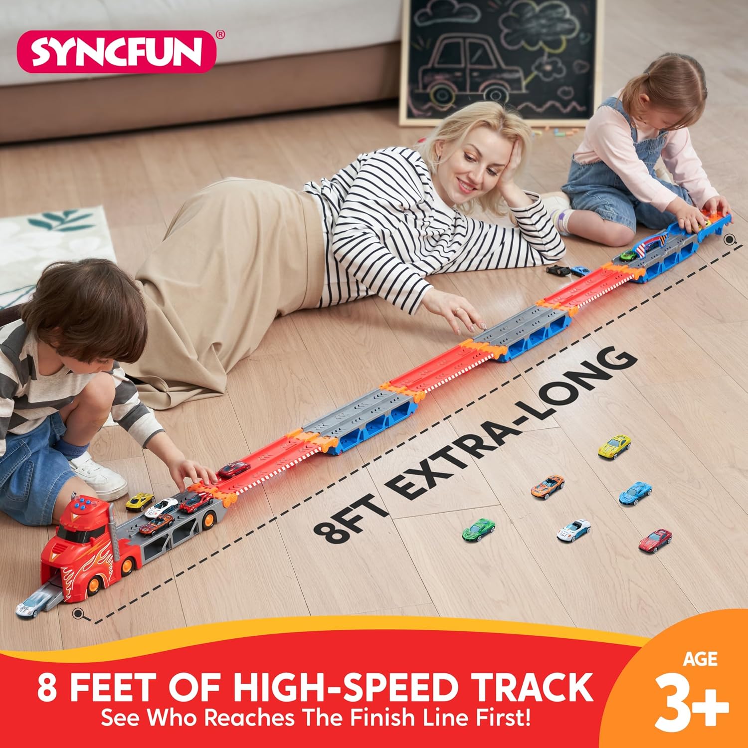 Detalle 2 de SYNCFUN Transport Race Truck Toy Cars – 8-Foot Foldable 3-Layer Race Track Set with 12 Cars, Lights & Sounds
