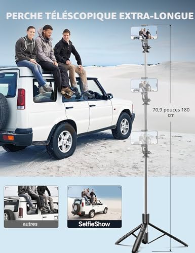 Detalle de SelfieShow 163,5 cm — Perche à Selfie avec Trépied et Télécommande, Compatible Smartphone