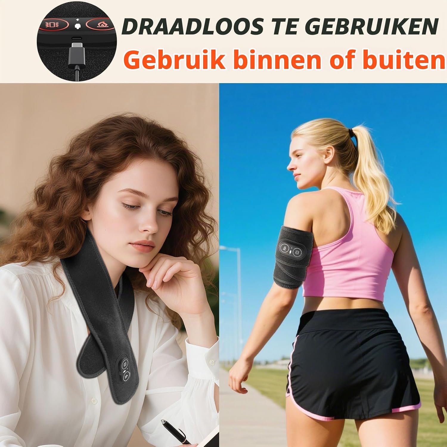 Detalle de DYMROGE nekwarmtekussen, 85 cm met 660nm rood licht en trilmassage