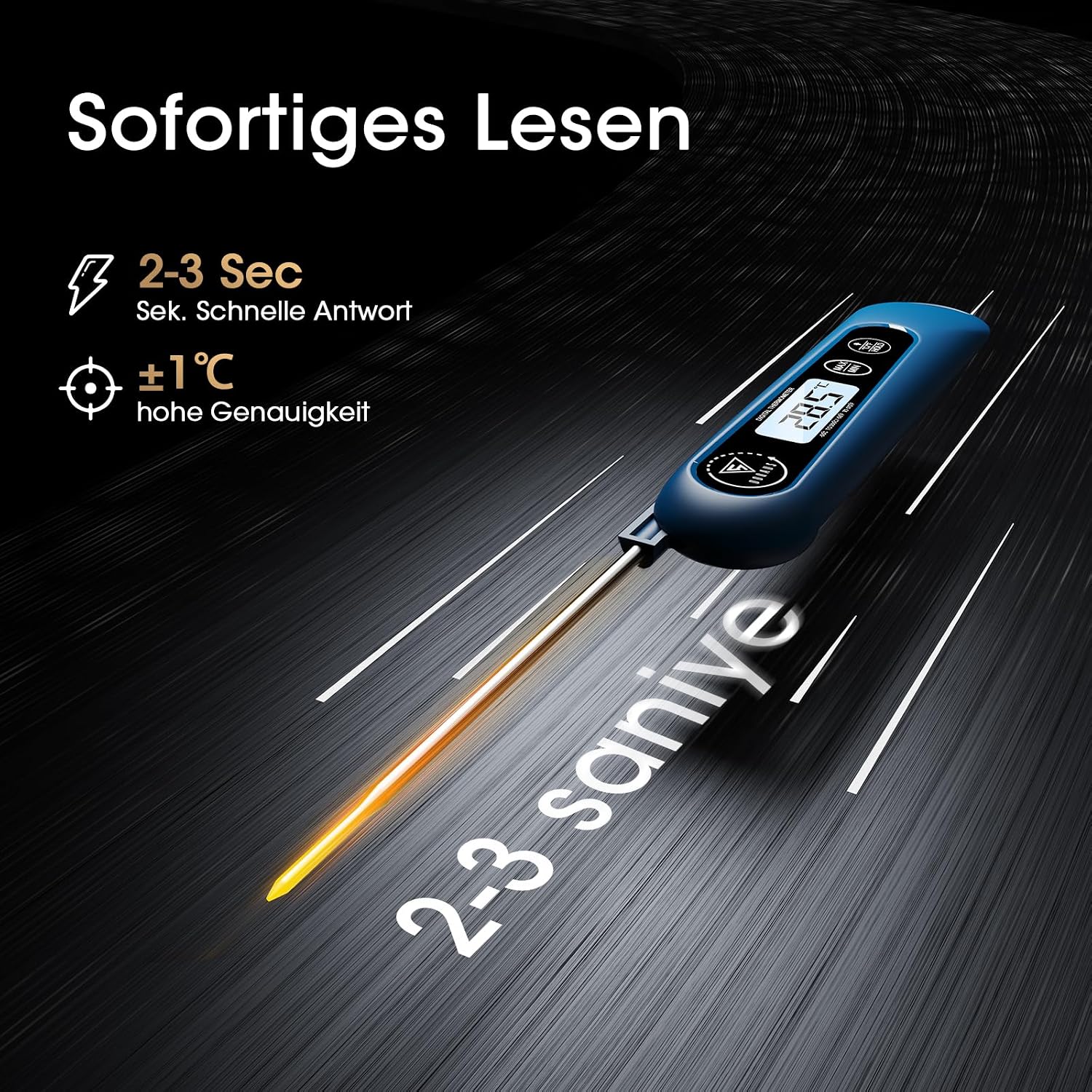 Detalle de DOQAUS Grillthermometer digitales Bratenthermometer mit 3‑Sekunden-Messung und langer Edelstahlsonde – Navyblau
