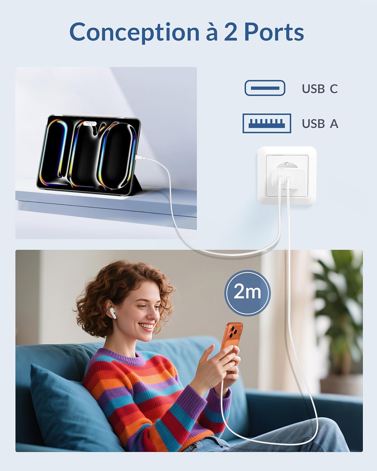 Detalle de Chargeur rapide 60W USB-C/USB-A 2 ports – pack 2 adaptateurs USBC 40W + USB-A 20W pour iPhone 17/16/15 et iPad 10/11 Gen A16