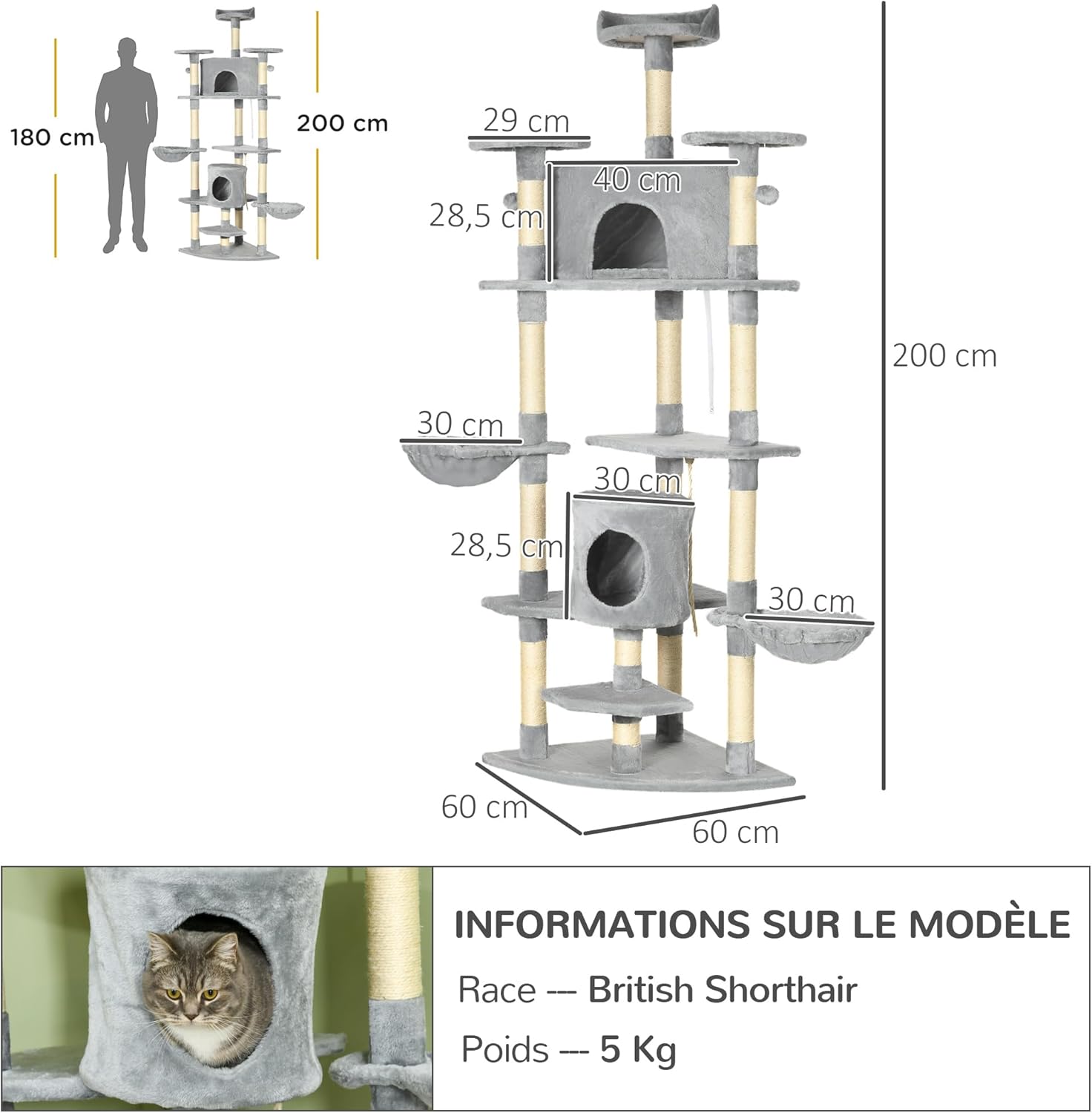 Thumbnail 6 de PawHut Arbre à Chat XXL 200 cm avec griffoirs, hamacs et 2 niches (gris)